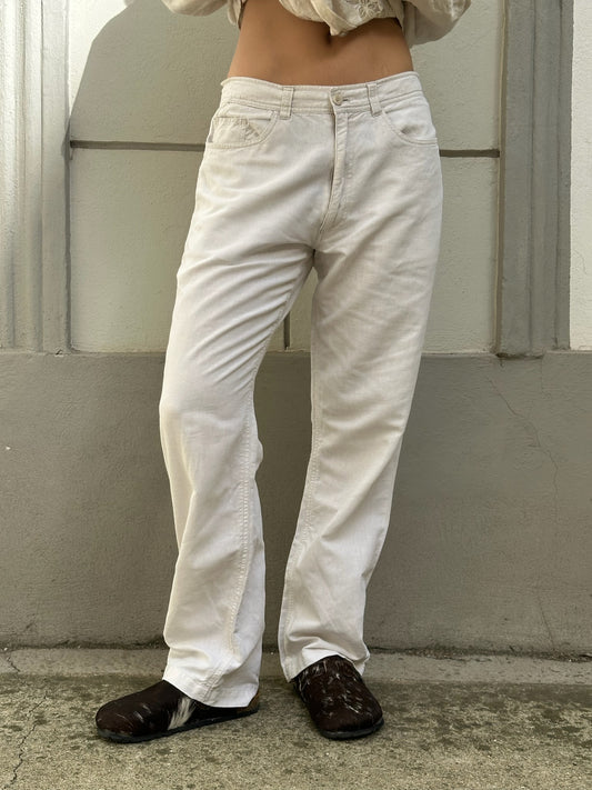 Vintage White Cotton Linen blend Simple Trousers S EU 36