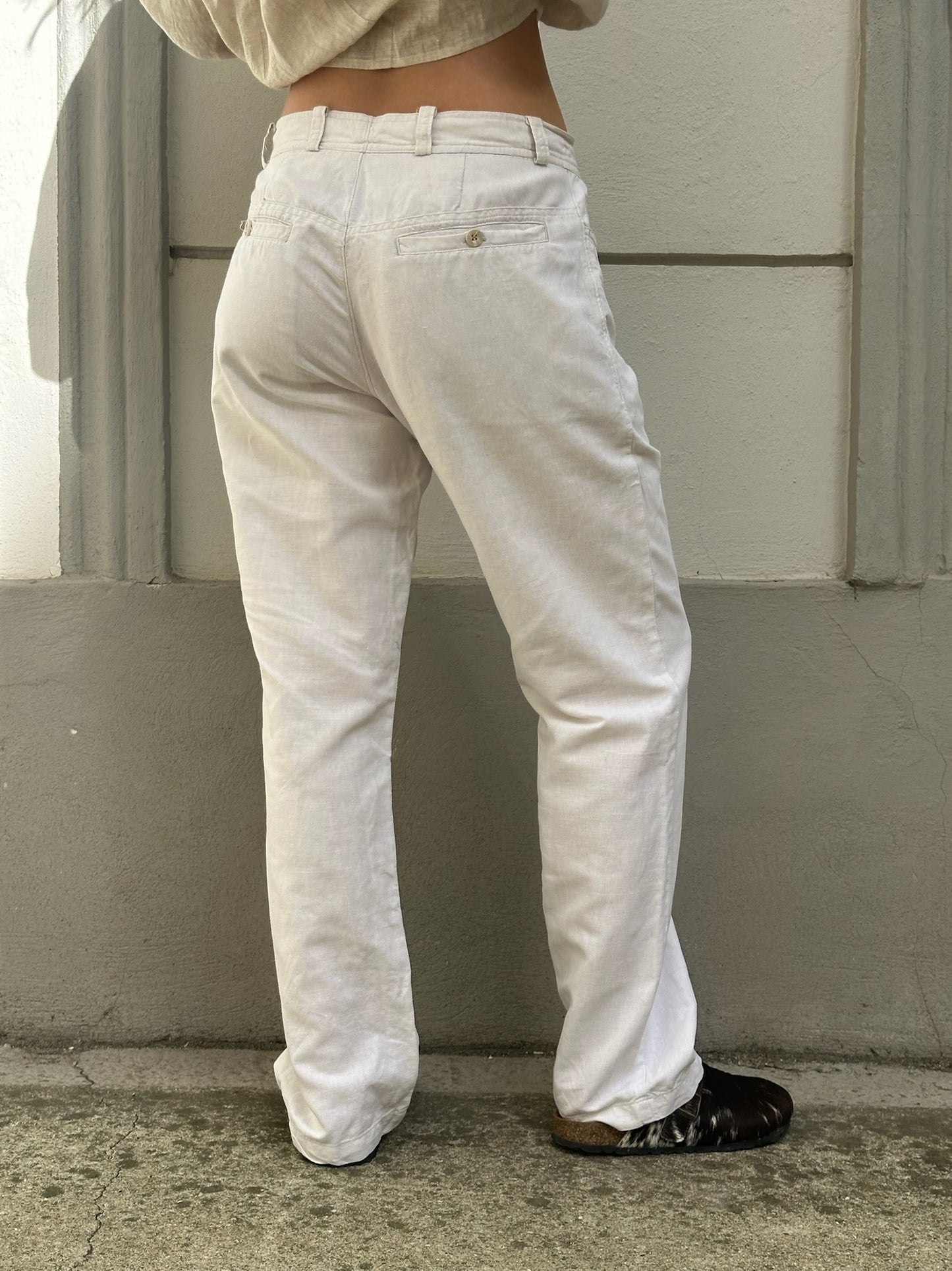 Vintage White Cotton Linen blend Simple Trousers S EU 36