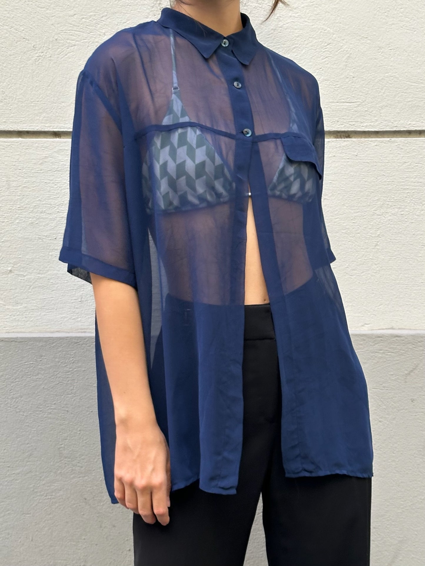 Vintage Blue Sheer Button Back Open Front Blouse M