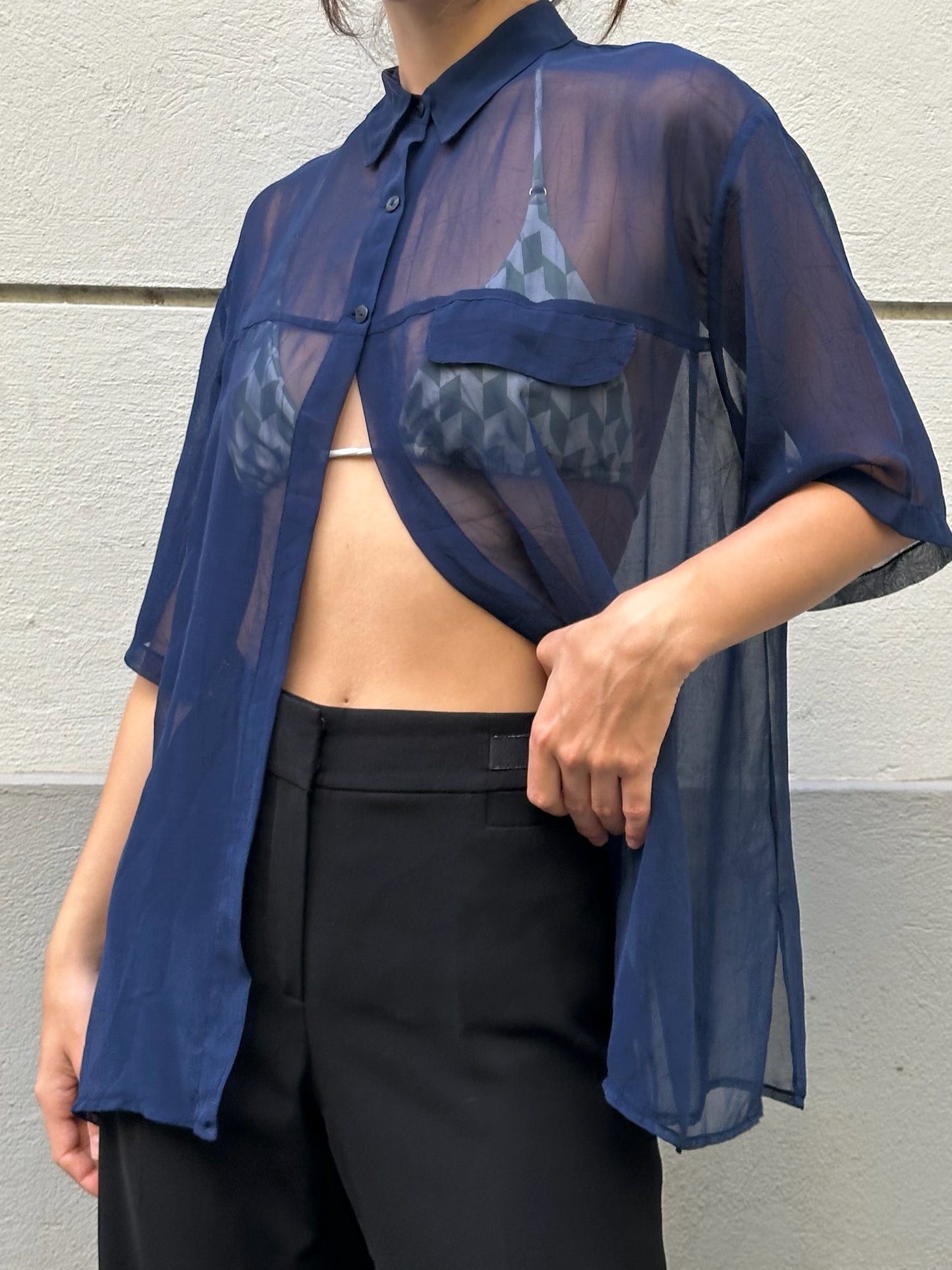 Vintage Blue Sheer Button Back Open Front Blouse M