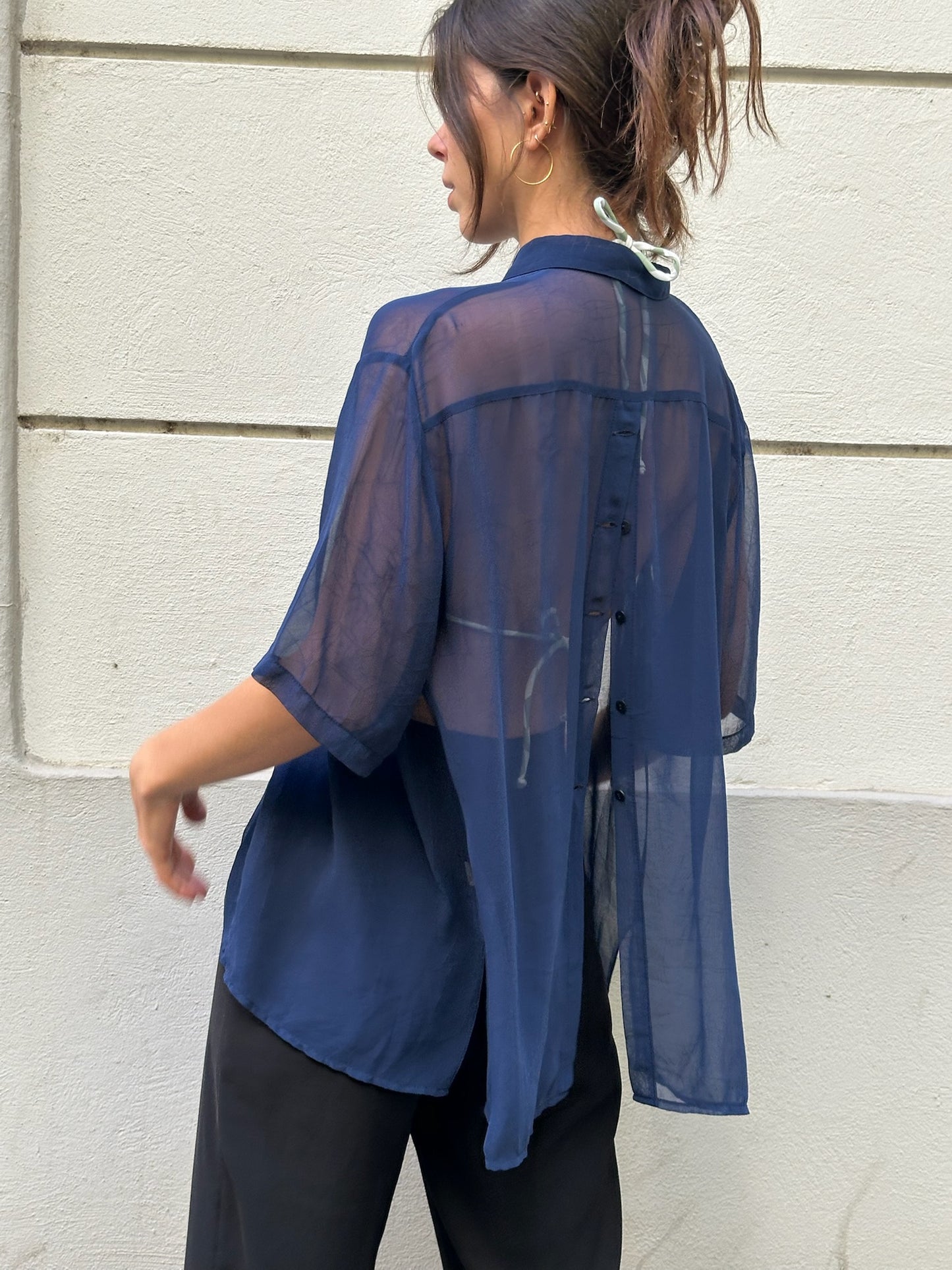Vintage Blue Sheer Button Back Open Front Blouse M