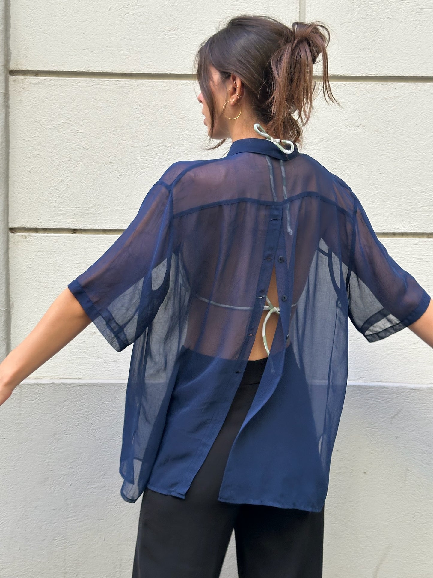 Vintage Blue Sheer Button Back Open Front Blouse M