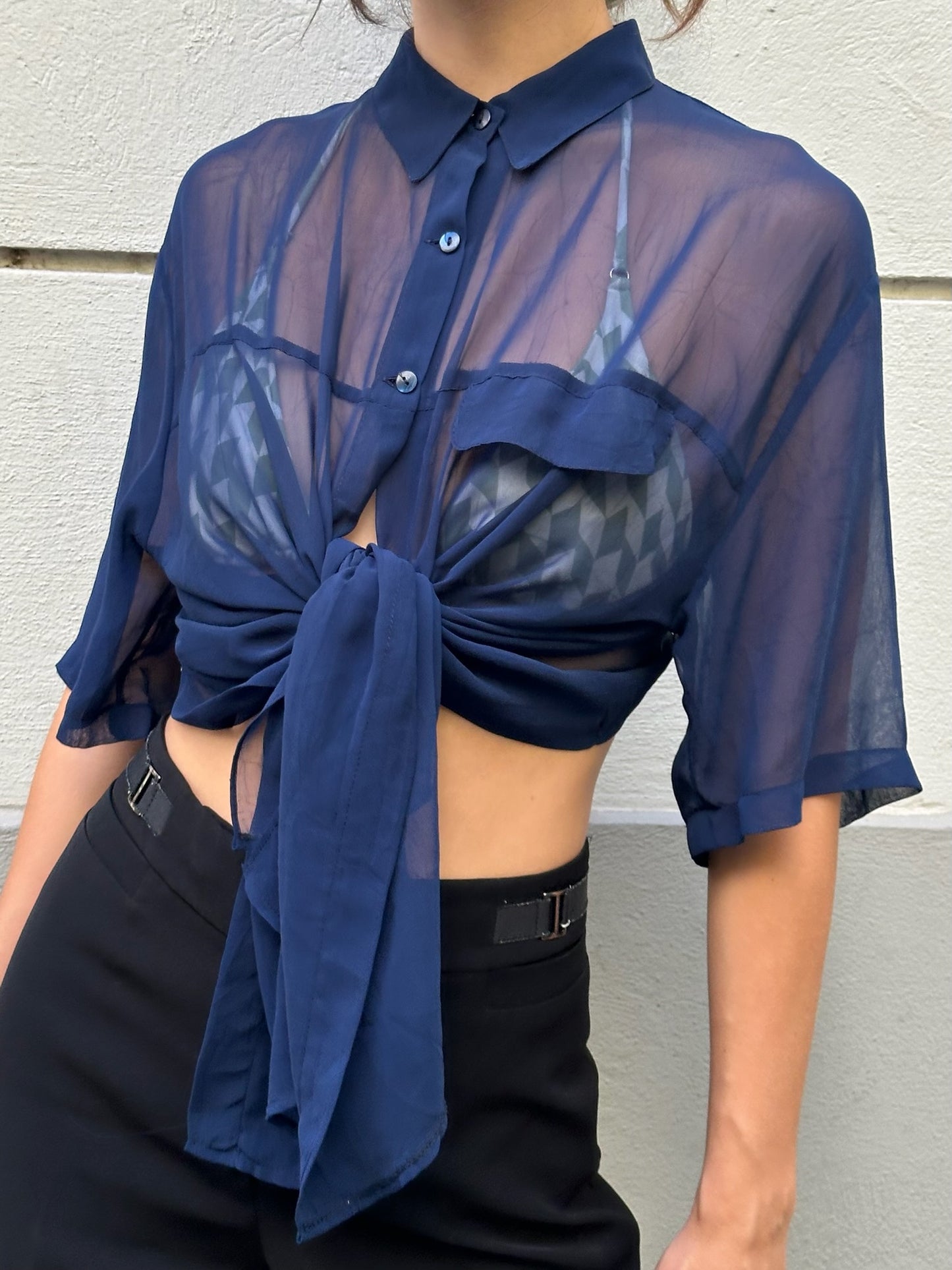 Vintage Blue Sheer Button Back Open Front Blouse M