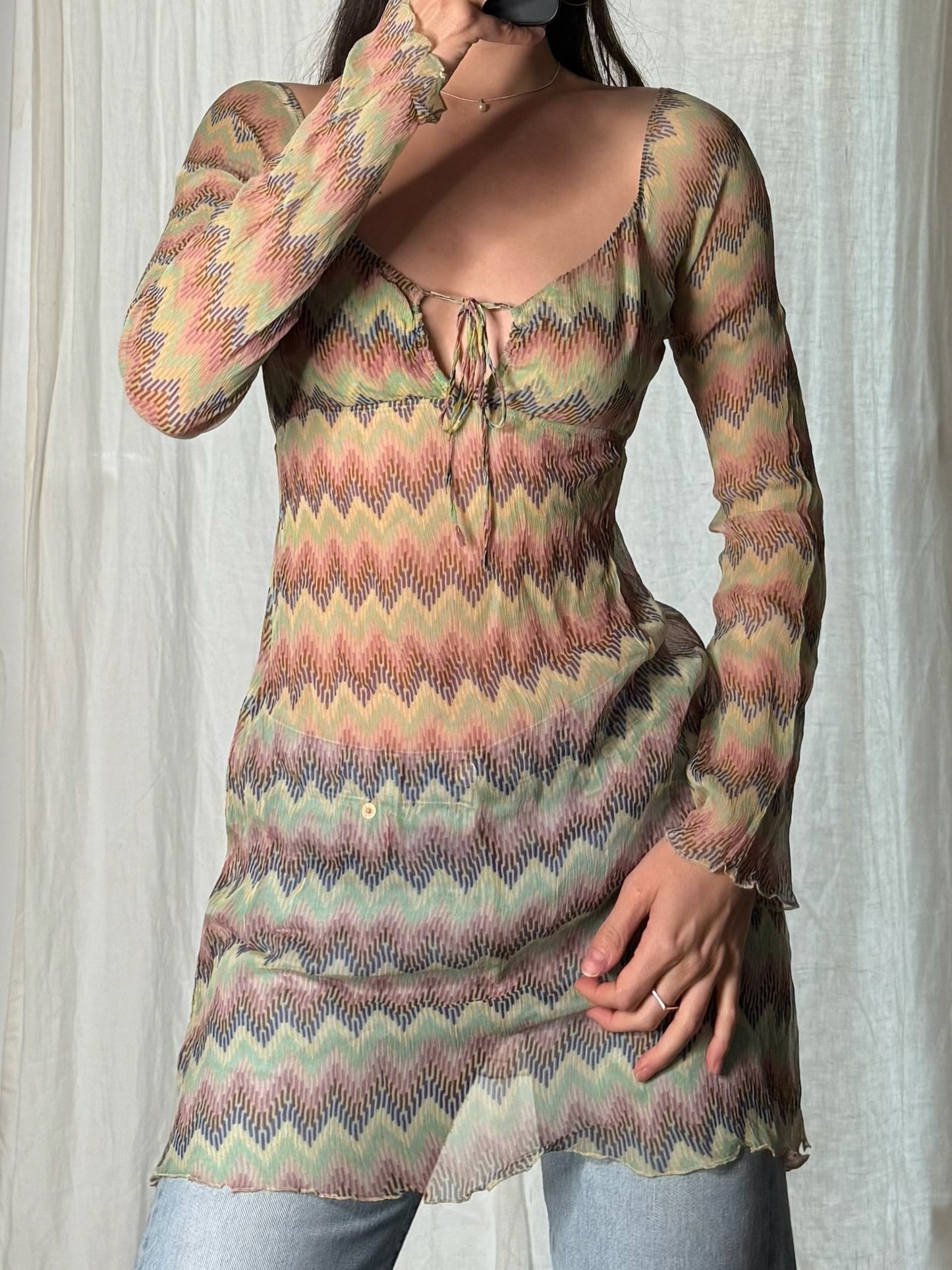 Vintage Zig Zag 100% Silk Sheer Tunic Top S
