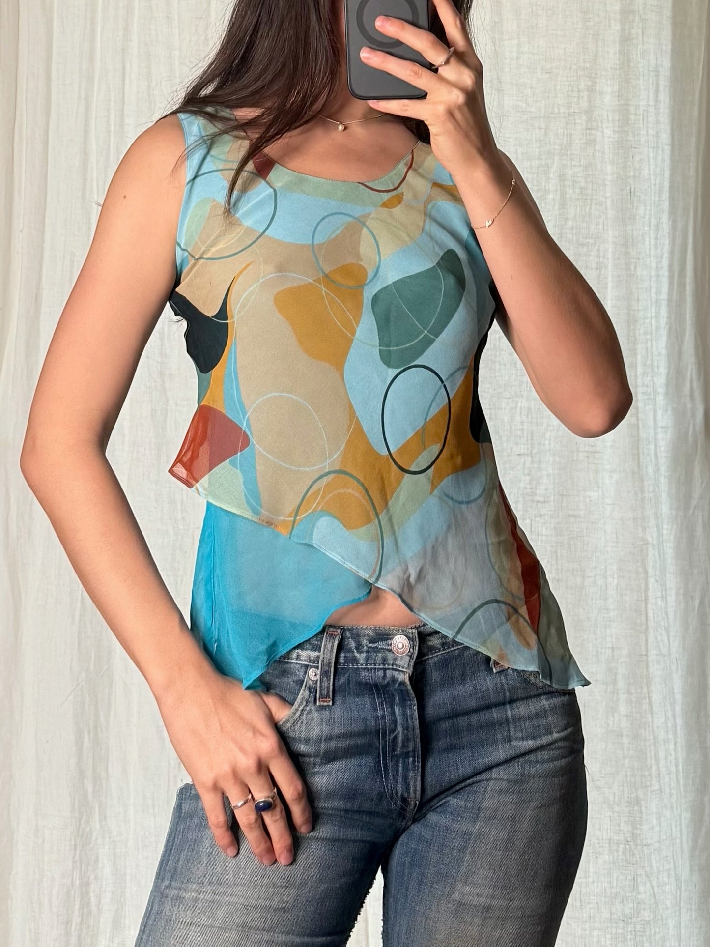Vintage Asymmetrical Hem Blue Abstract Top S
