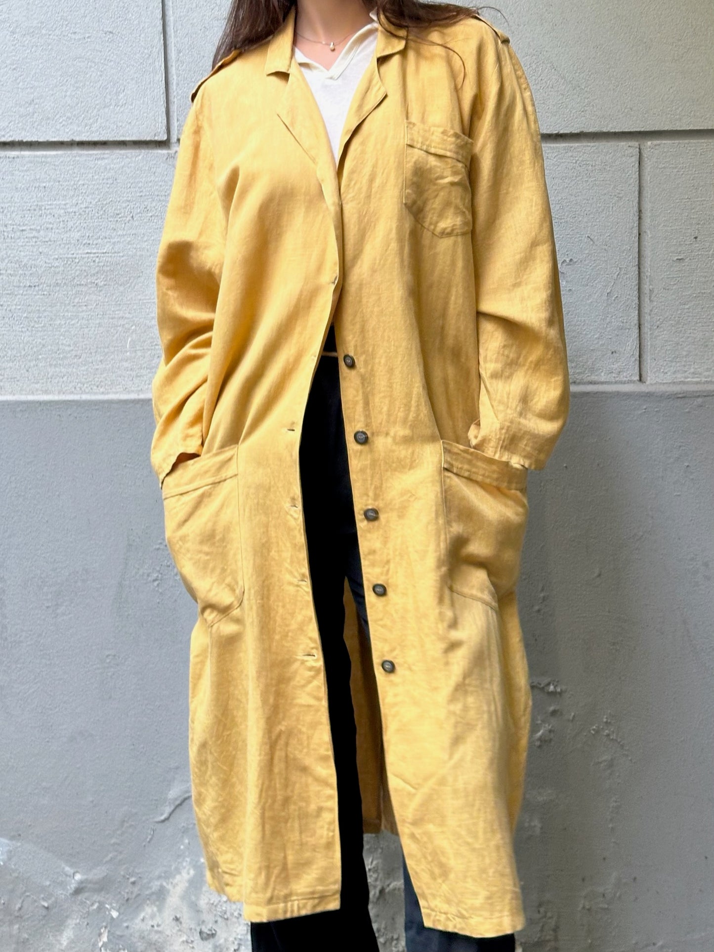 Vintage Linen Mustard Yellow Long Coat Jacket M