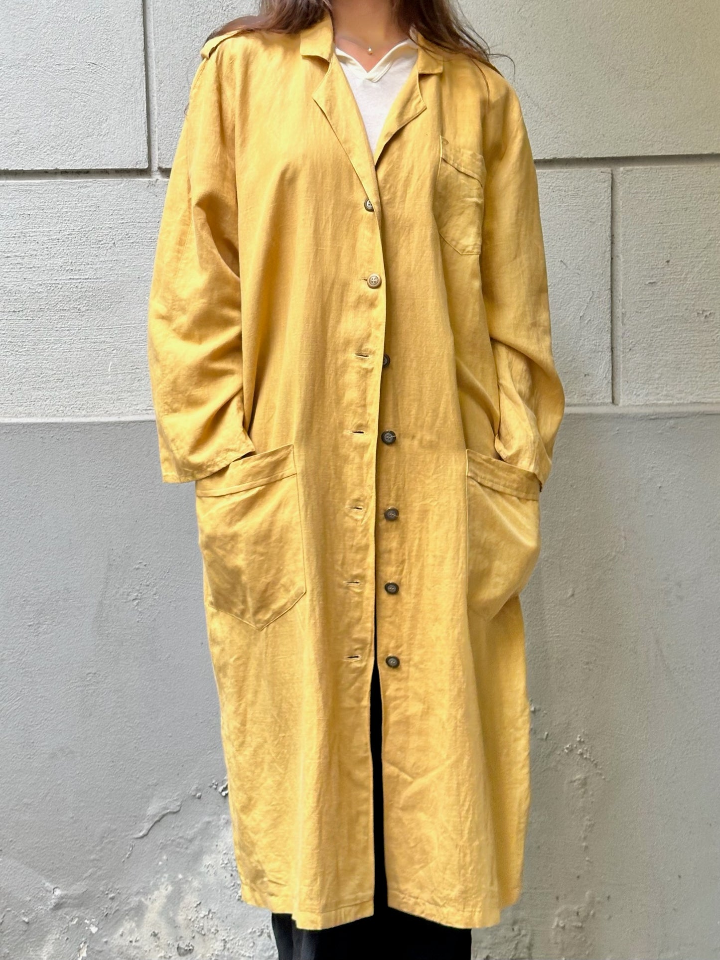 Vintage Linen Mustard Yellow Long Coat Jacket M