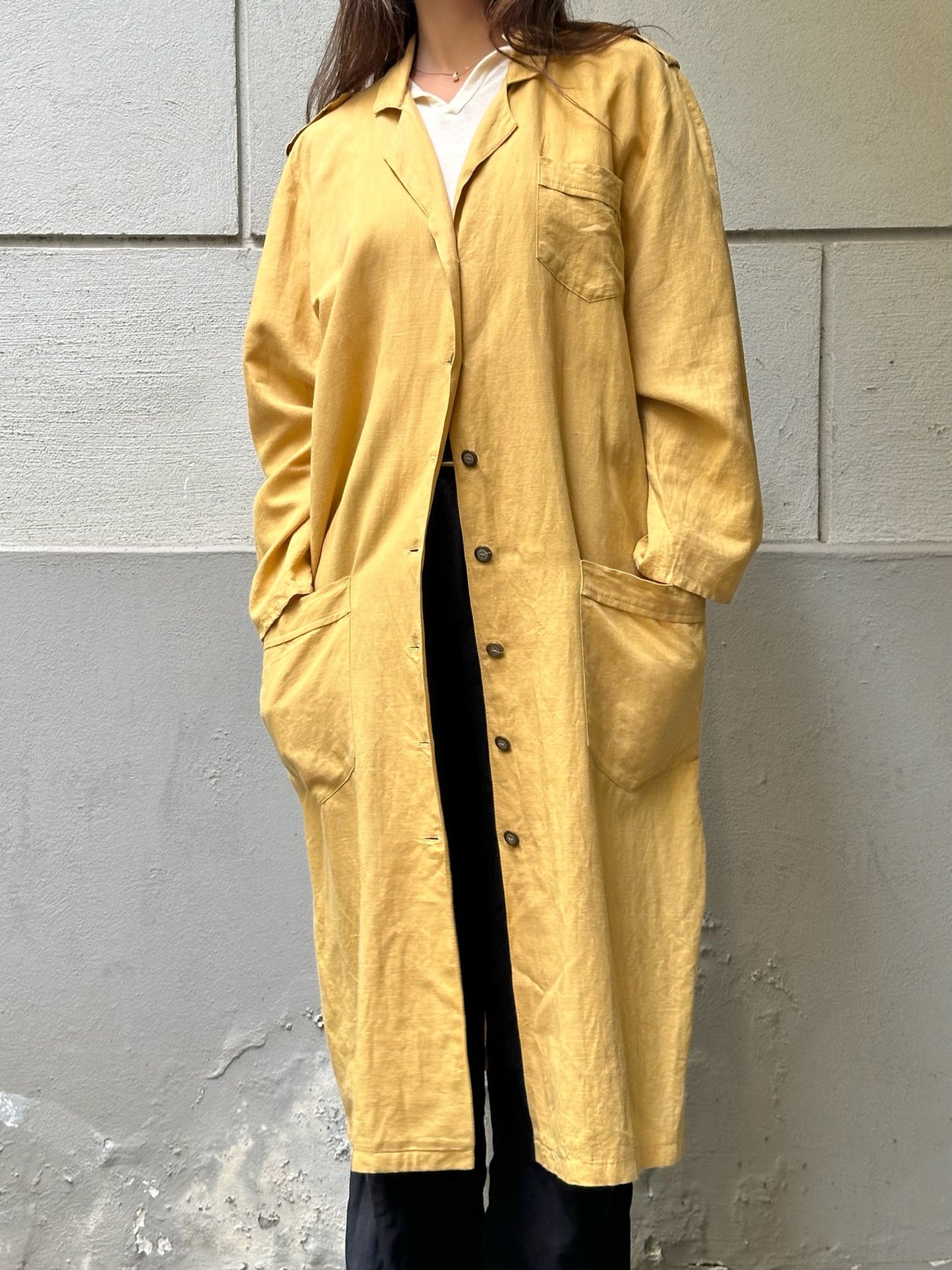 Vintage Linen Mustard Yellow Long Coat Jacket M