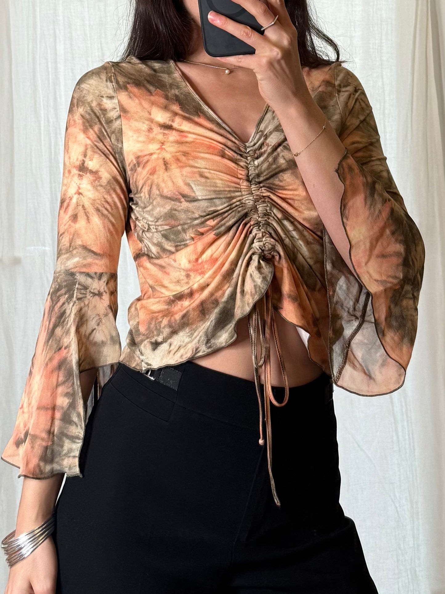 Vintage Mesh Beige/Apricot Flared Sleeve Scrunched Front Top S