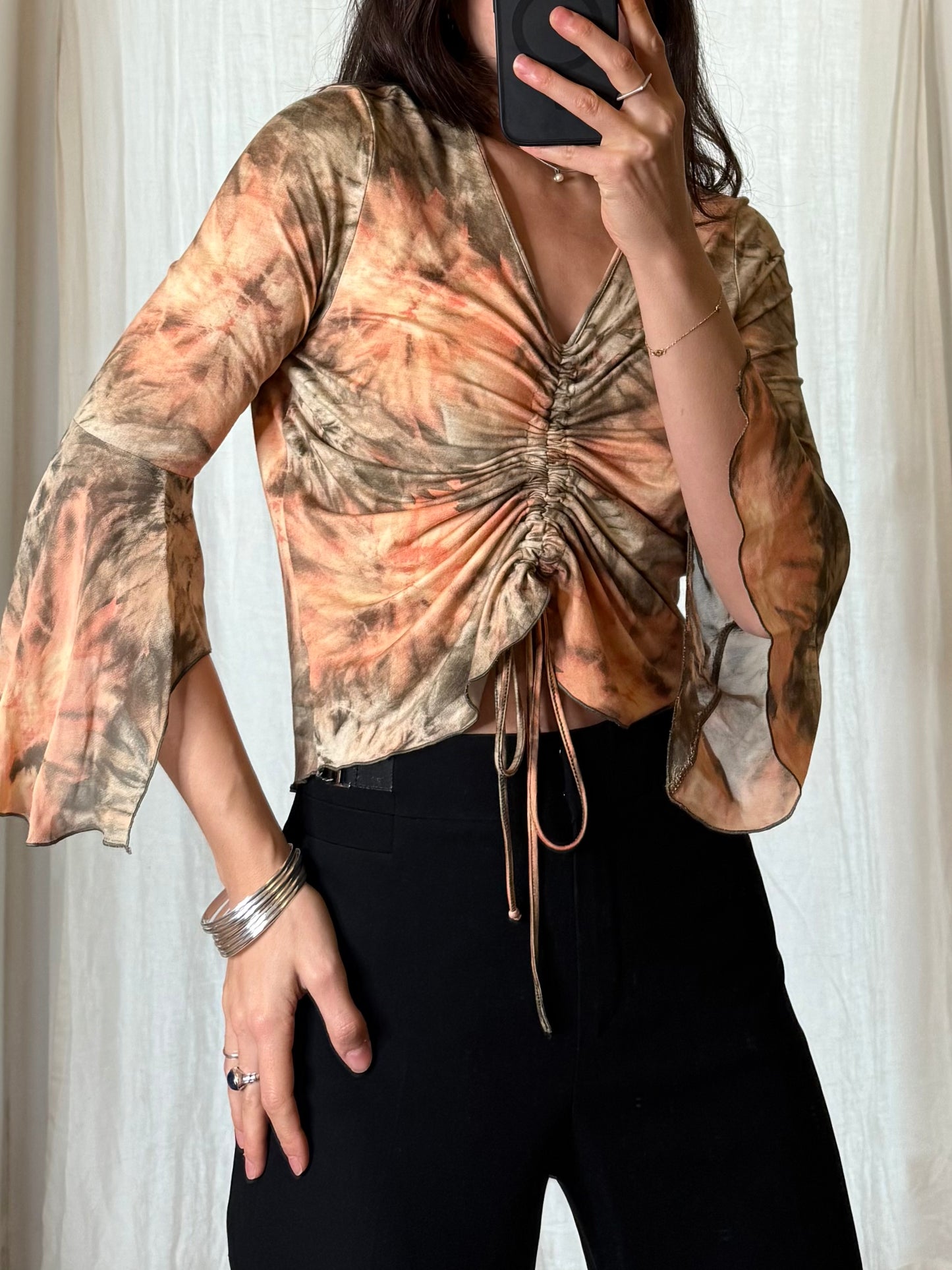 Vintage Mesh Beige/Apricot Flared Sleeve Scrunched Front Top S