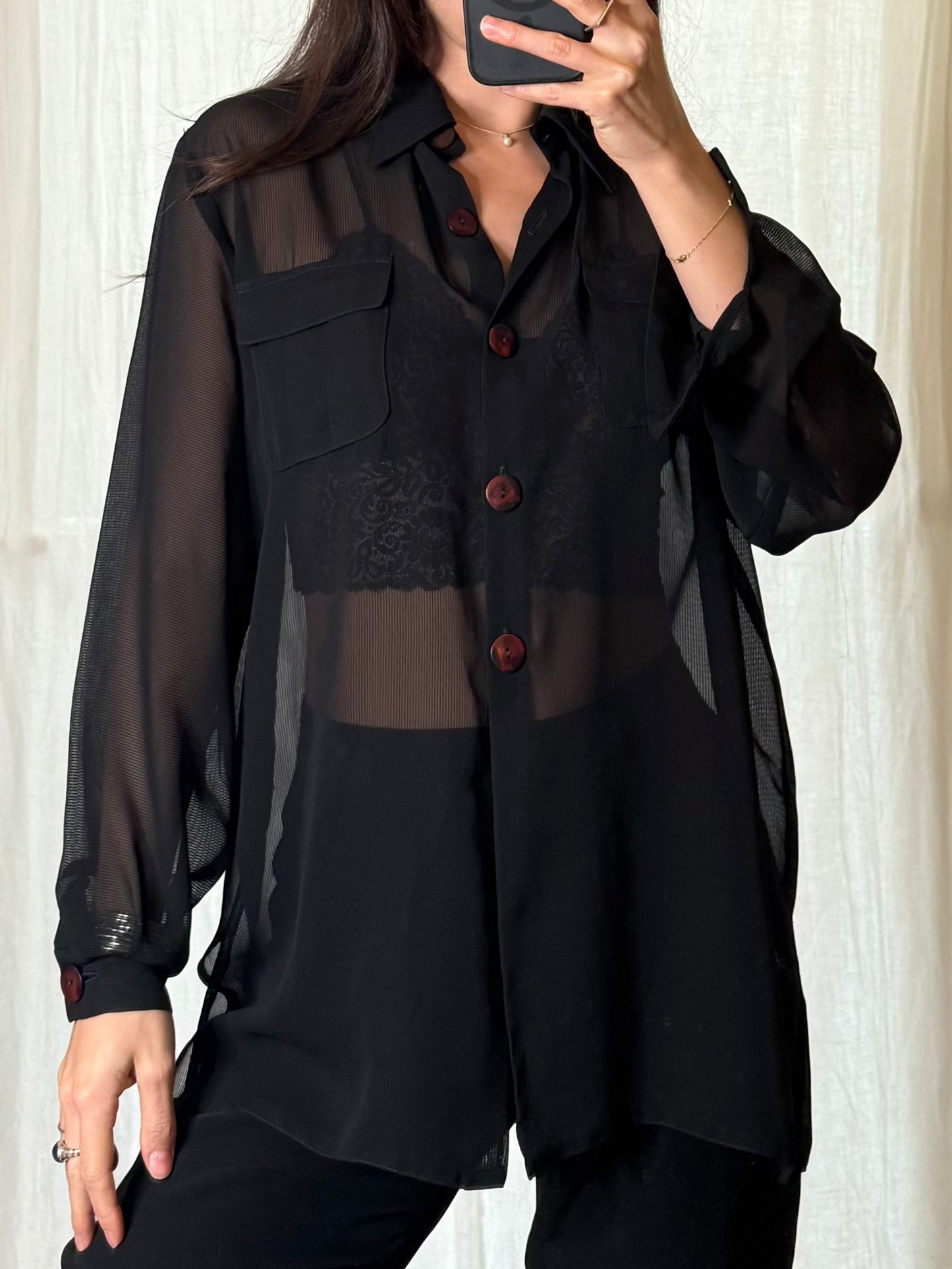 Vintage Black Sheer Button Down Blouse M