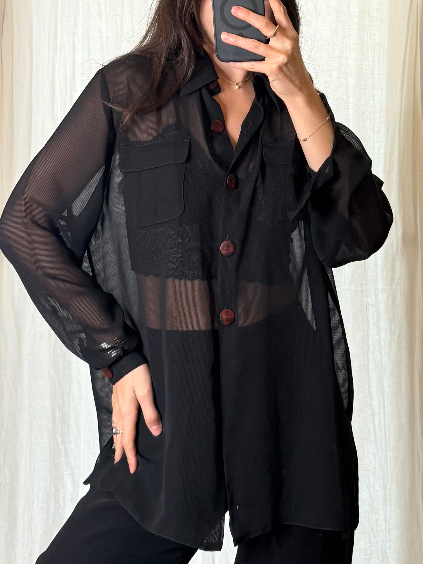 Vintage Black Sheer Button Down Blouse M