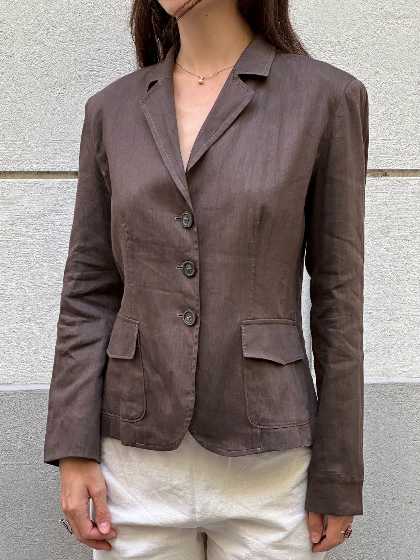 Vintage Linen Blend Brown Back Buckle Blazer Jacket S/M