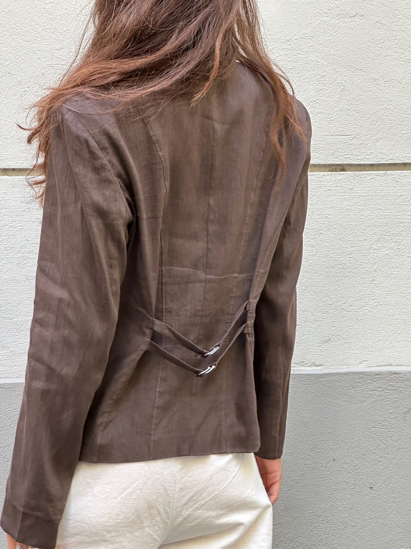 Vintage Linen Blend Brown Back Buckle Blazer Jacket S/M