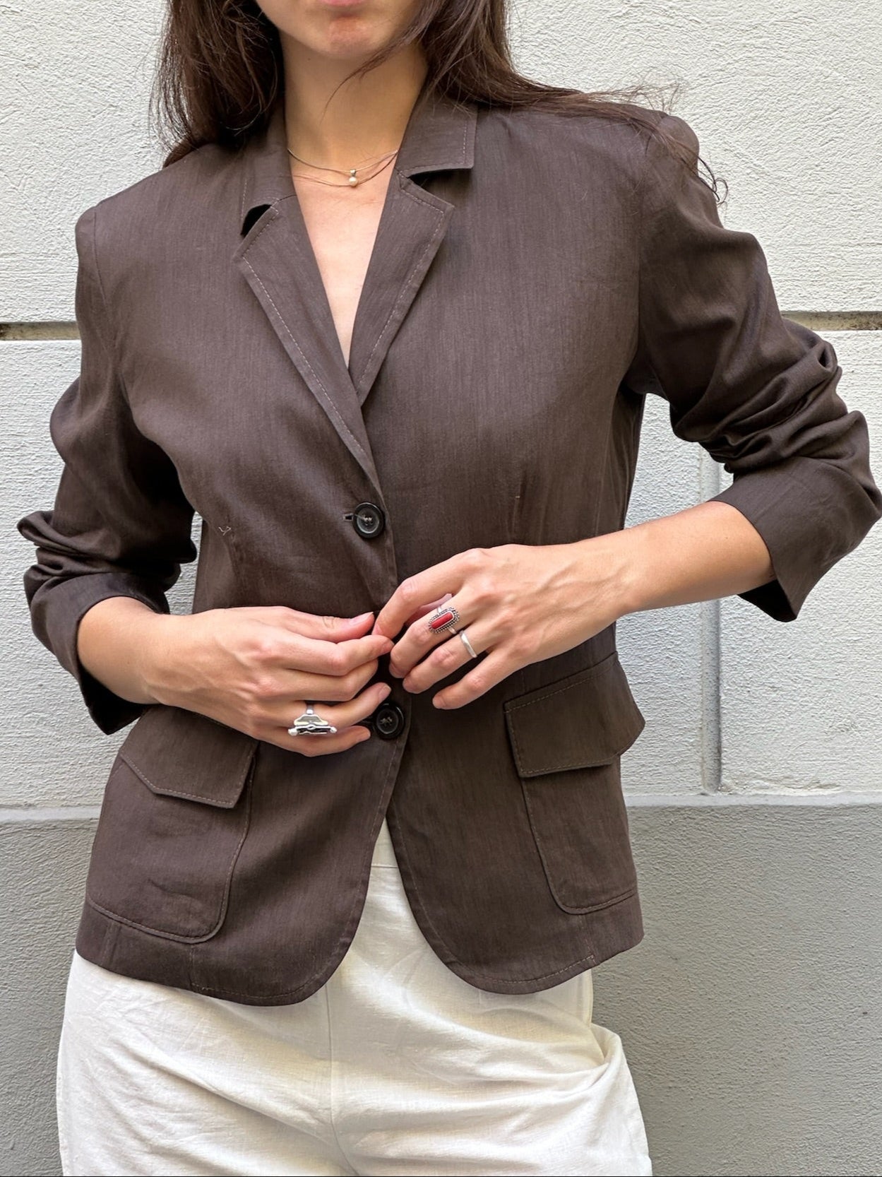 Vintage Linen Blend Brown Back Buckle Blazer Jacket S/M