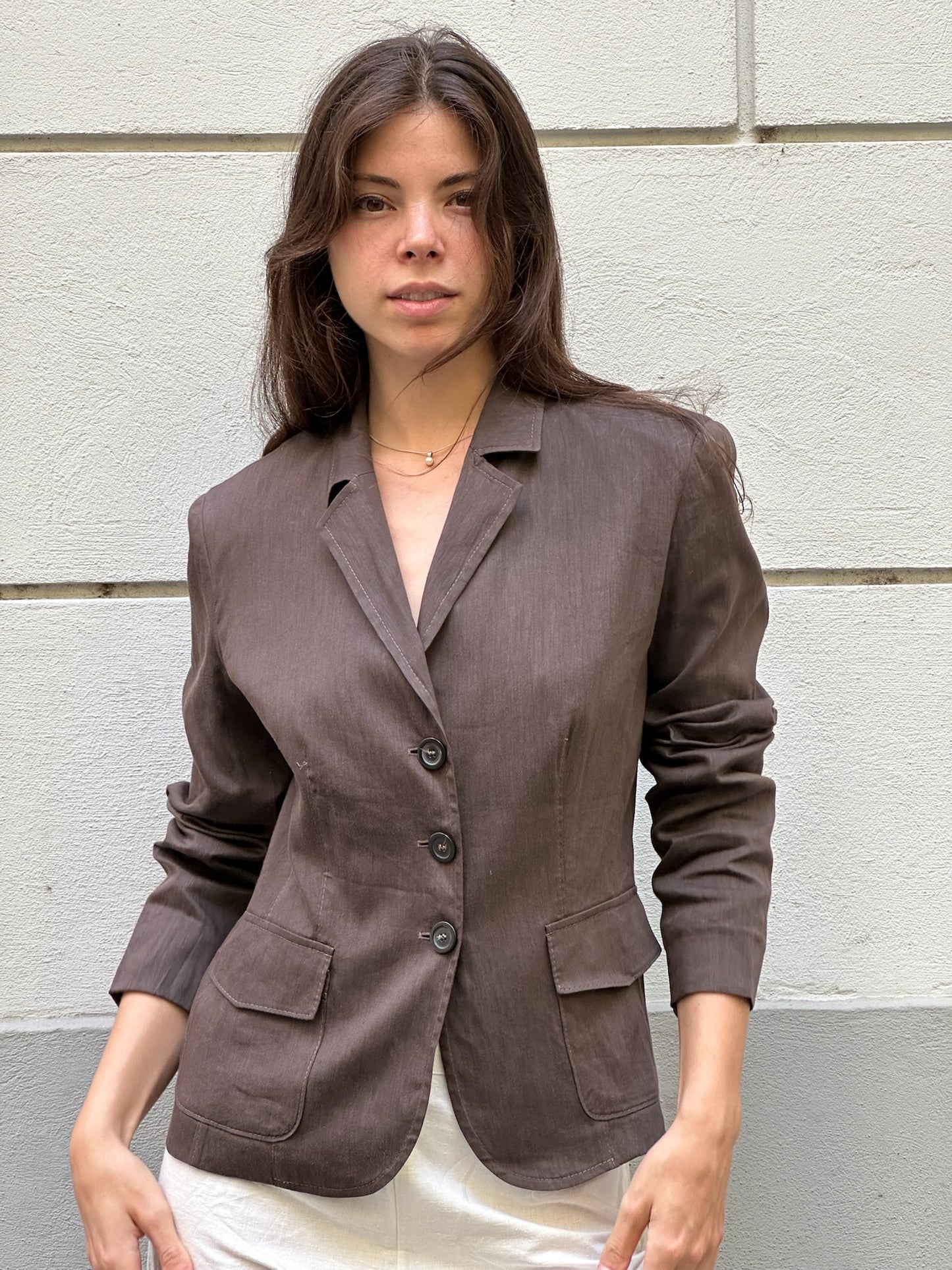 Vintage Linen Blend Brown Back Buckle Blazer Jacket S/M