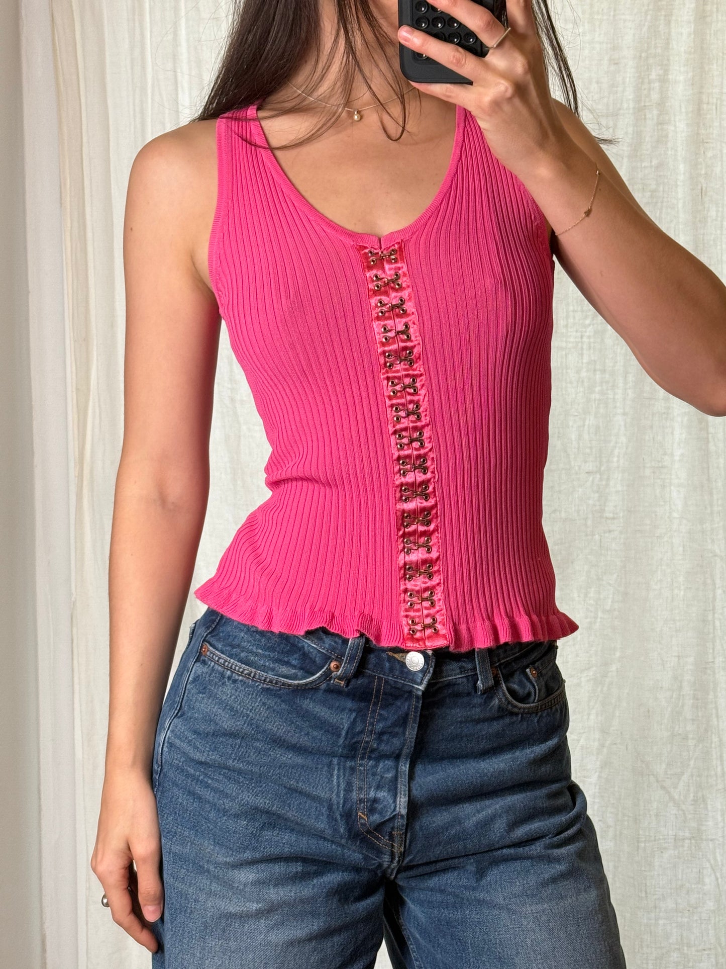 Y2K Vintage Hot Pink Hook Front Tank Top S