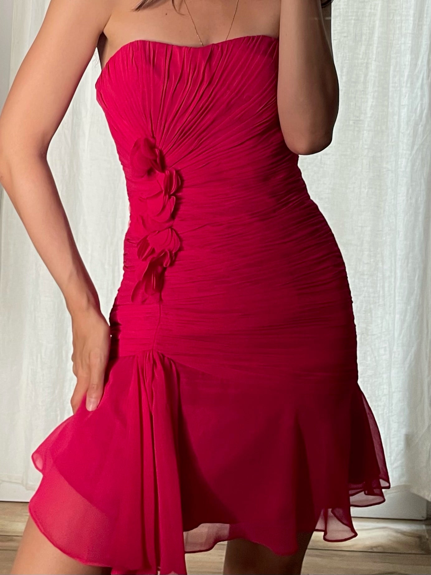 Vintage Hot Pink Ruched Flower Mini Dress S