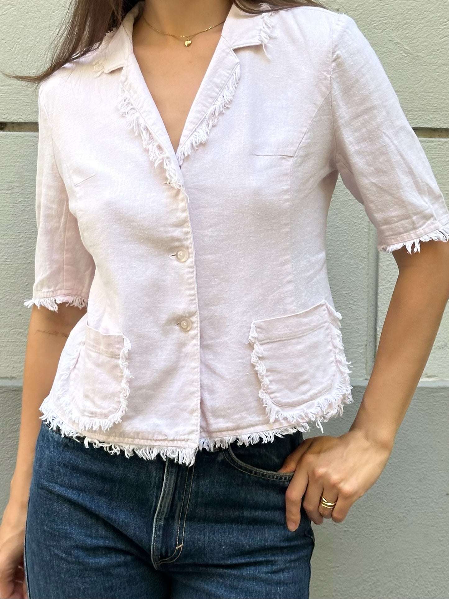 Vintage Linen/Cotton Blend Baby Pink Frayed Hem Short Sleeve Button Down Top S