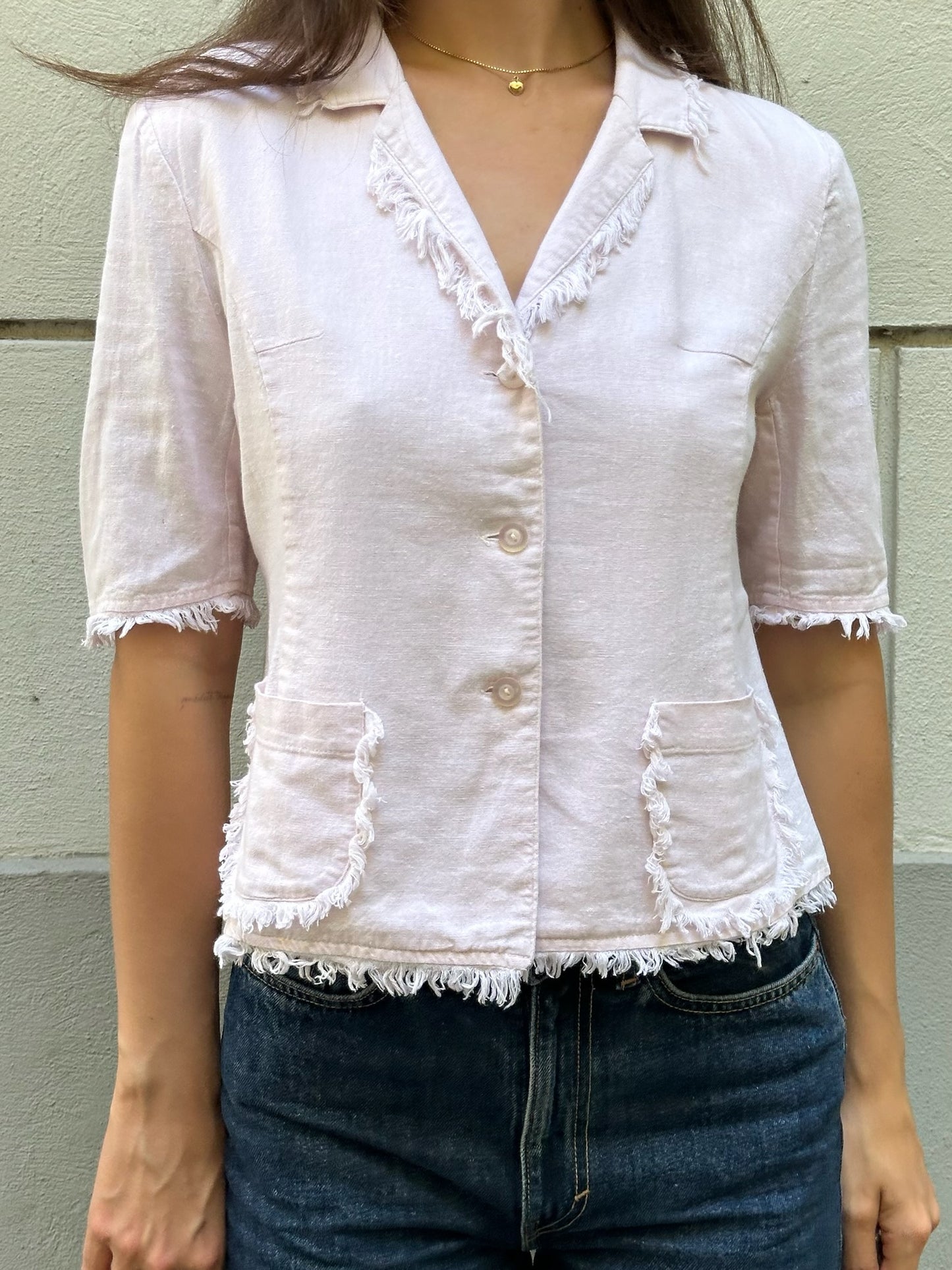 Vintage Linen/Cotton Blend Baby Pink Frayed Hem Short Sleeve Button Down Top S