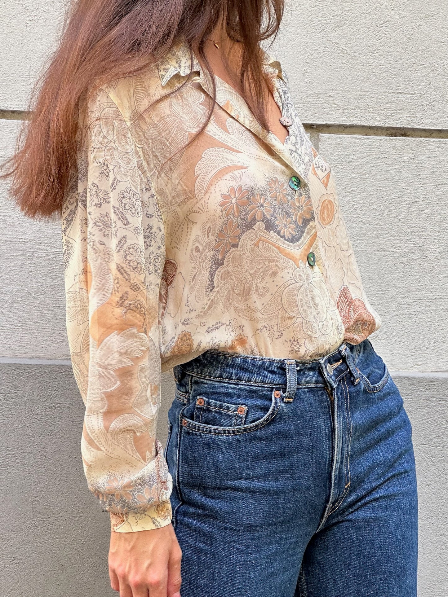 Vintage 100% Viscose Printed Long Sleeve Button Down Shirt M
