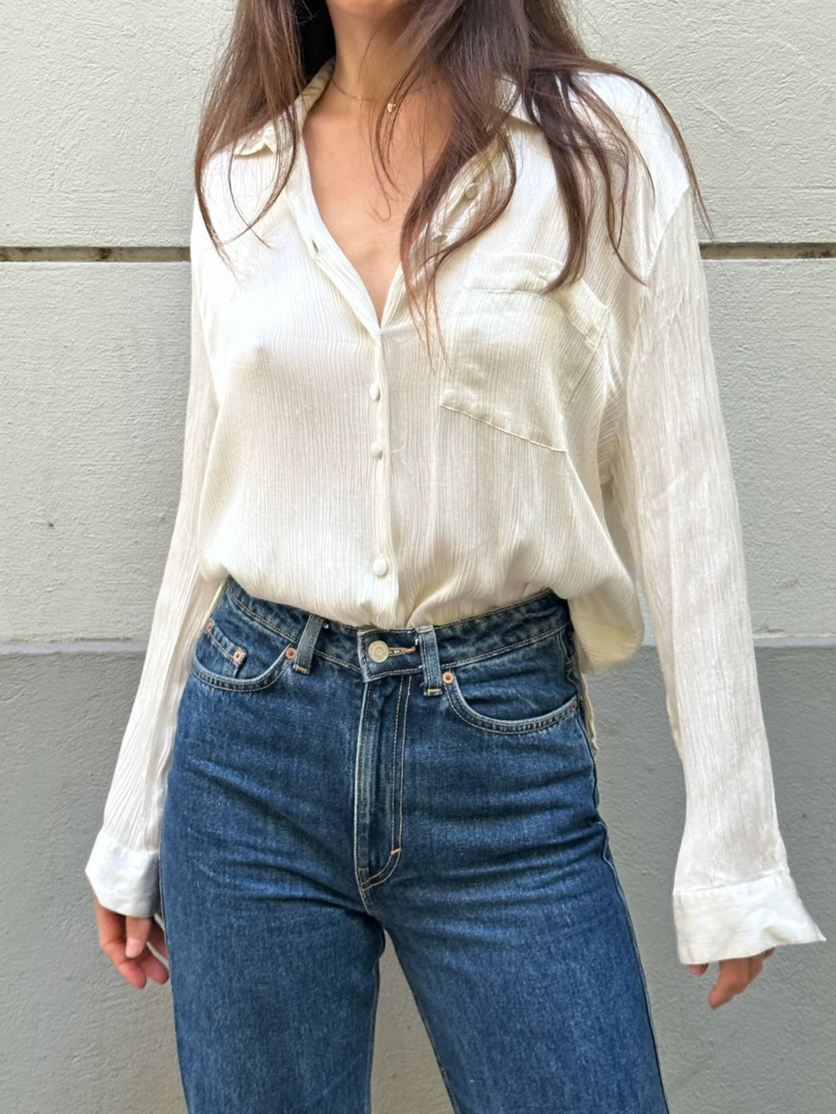 Vintage 100% Viscose Silky Cream Button Blouse M