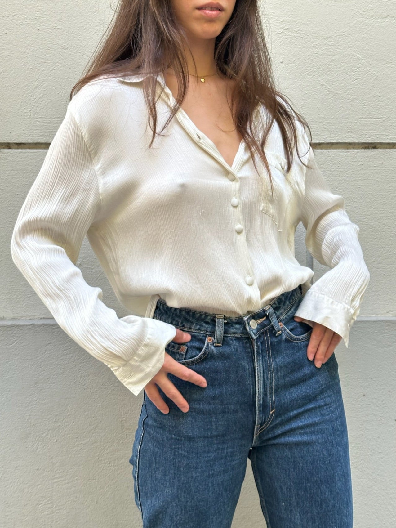 Vintage 100% Viscose Silky Cream Button Blouse M