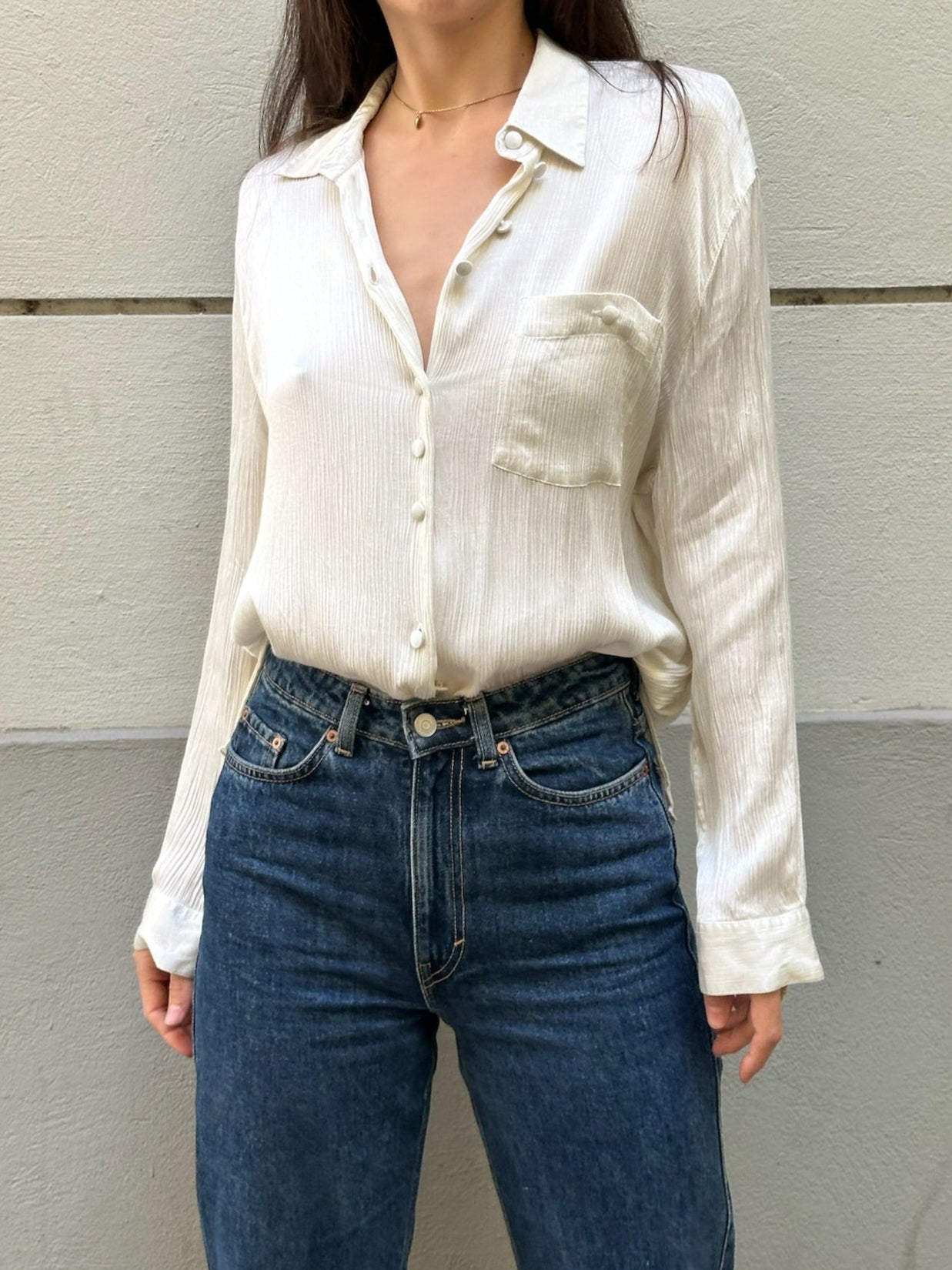 Vintage 100% Viscose Silky Cream Button Blouse M