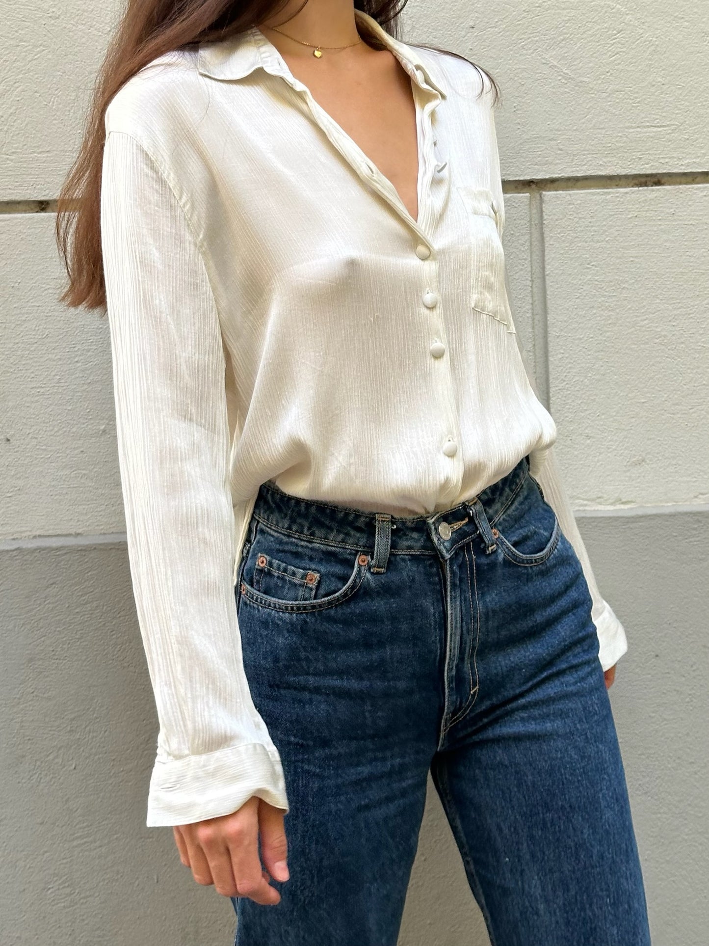 Vintage 100% Viscose Silky Cream Button Blouse M