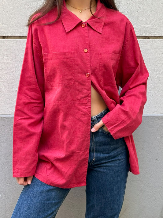 Vintage Linen/Cotton Blend Bright Red Button Down Shirt Jacket M