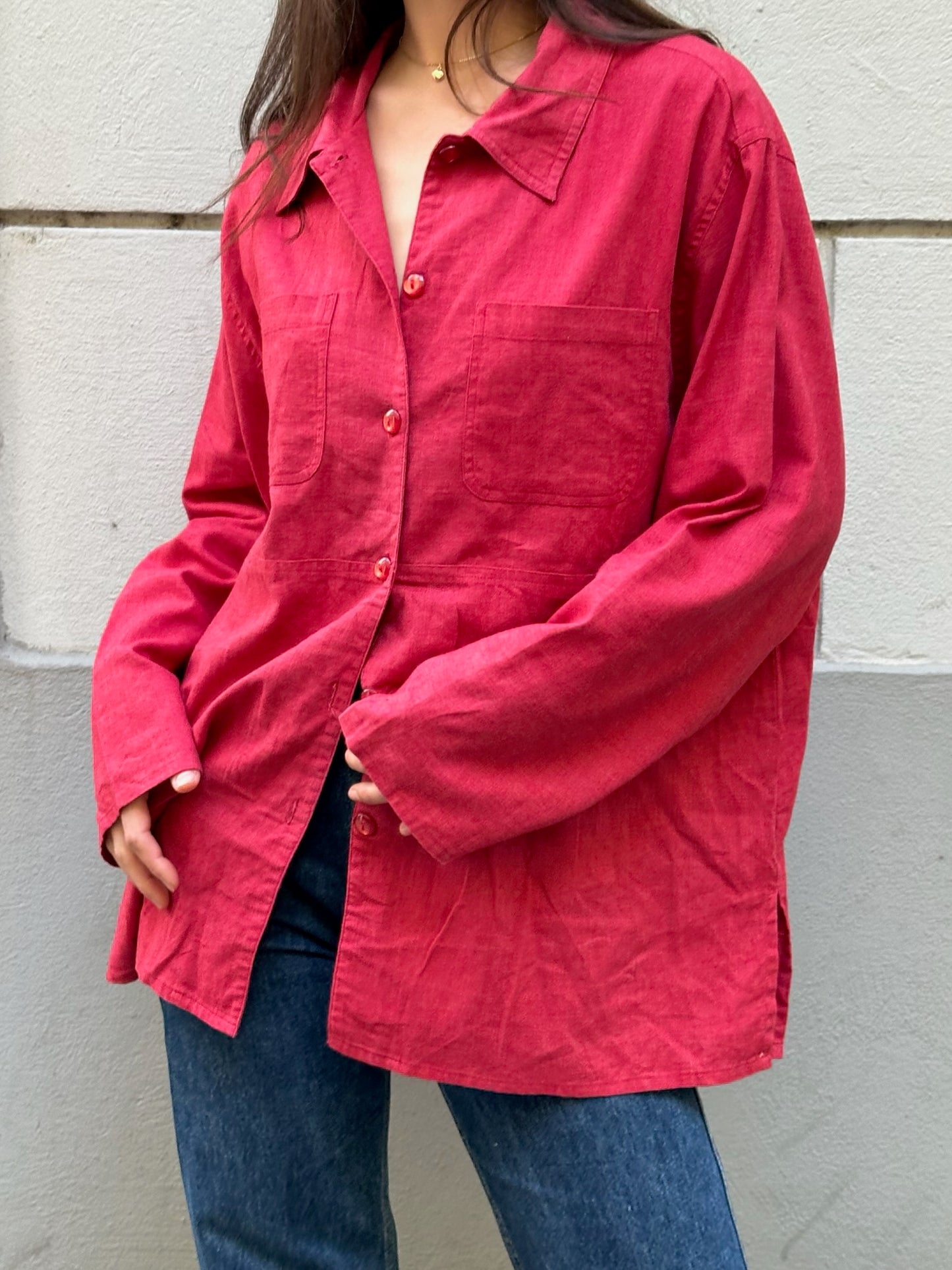 Vintage Linen/Cotton Blend Bright Red Button Down Shirt Jacket M
