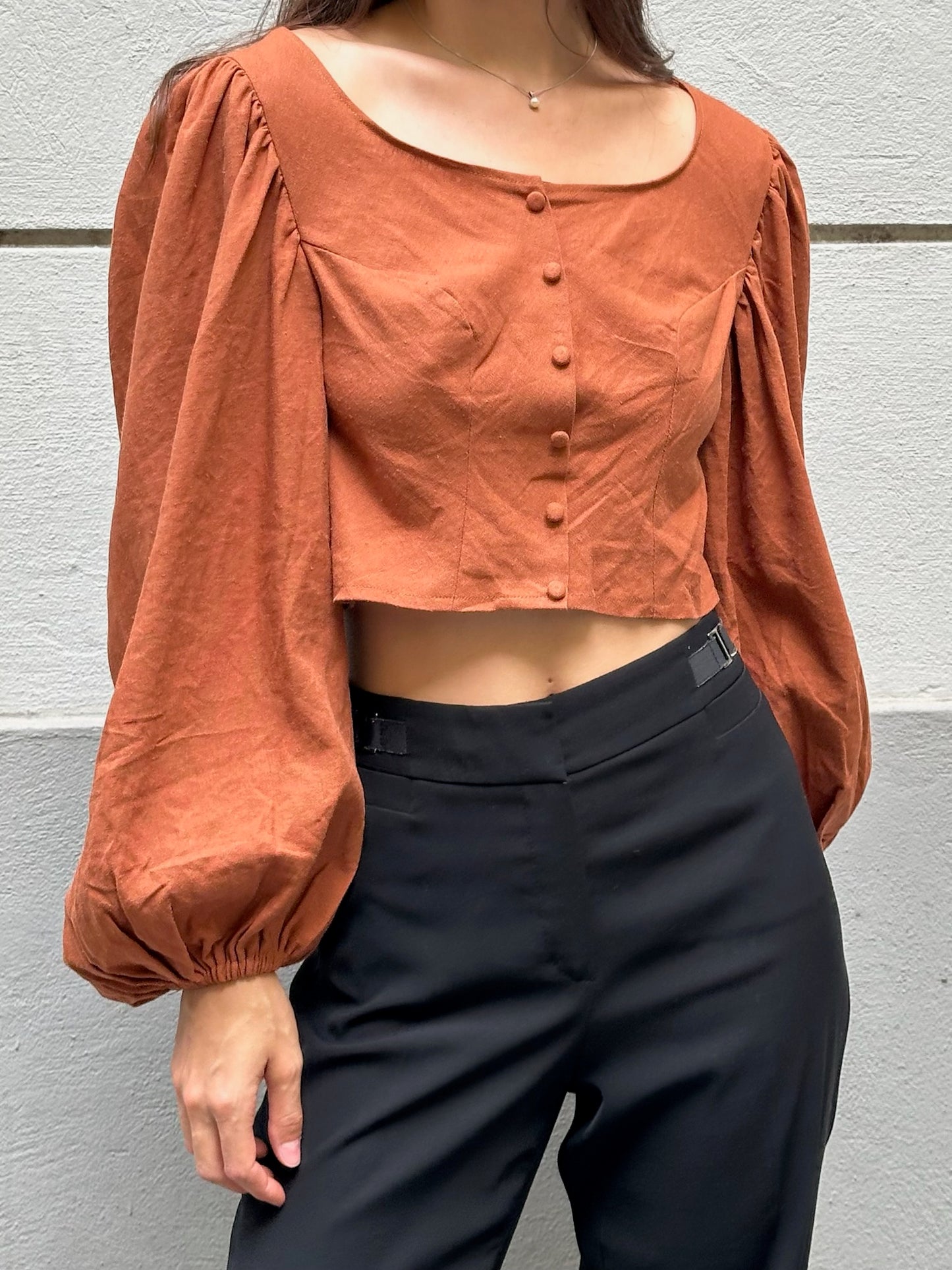Vintage Linen/Cotton Blend Congac Peasant Blouse S/M