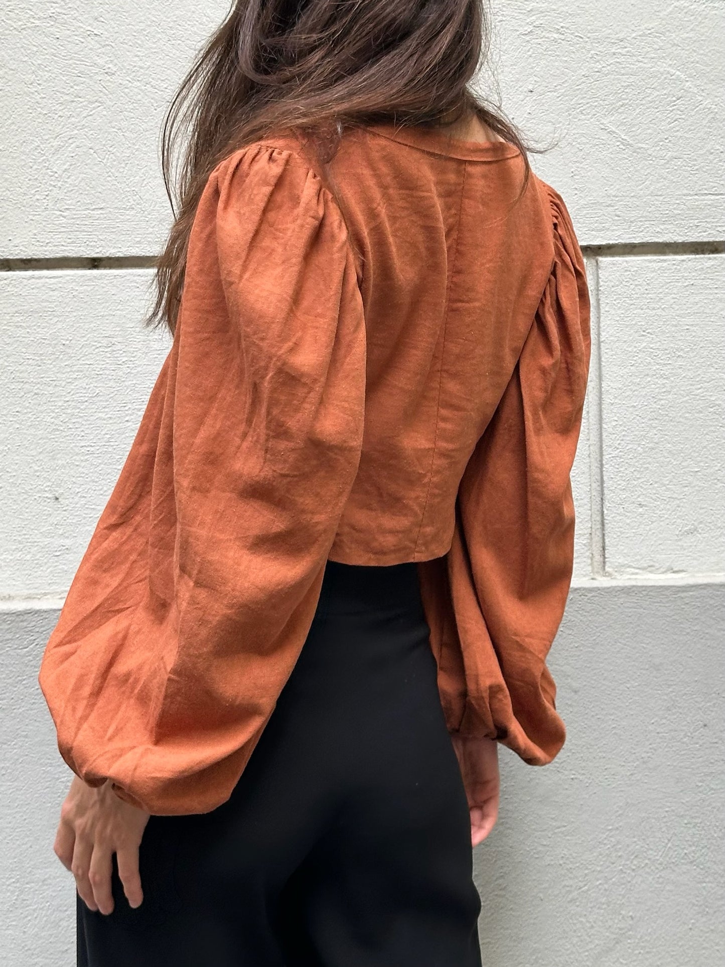 Vintage Linen/Cotton Blend Congac Peasant Blouse S/M