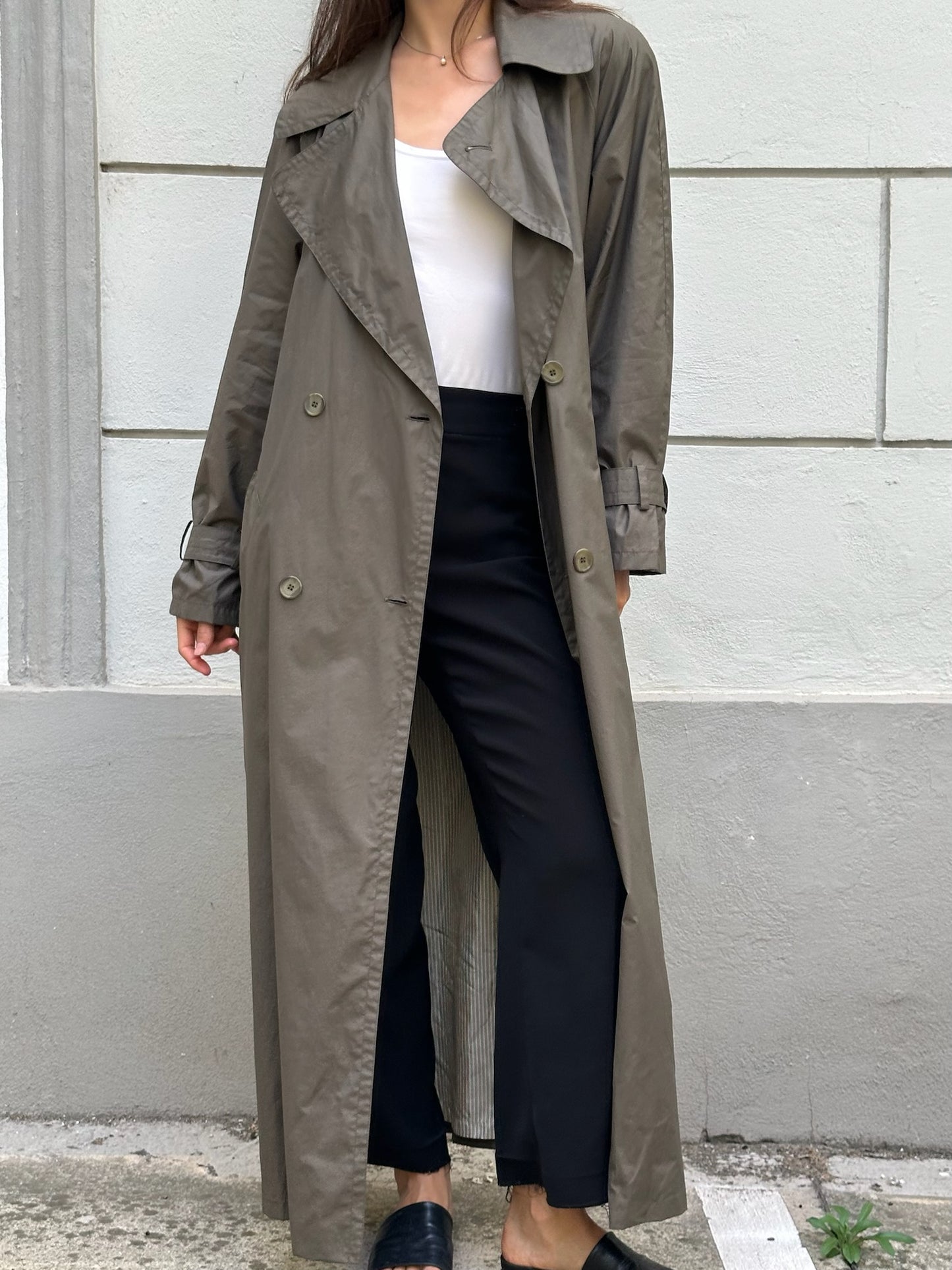Vintage Cotton Blend Dark Khaki Maxi Trench Coat M