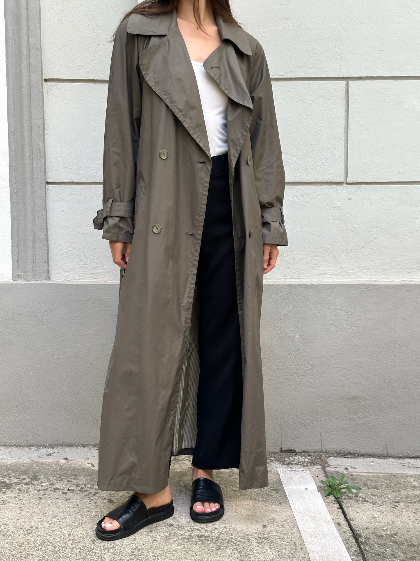 Vintage Cotton Blend Dark Khaki Maxi Trench Coat M