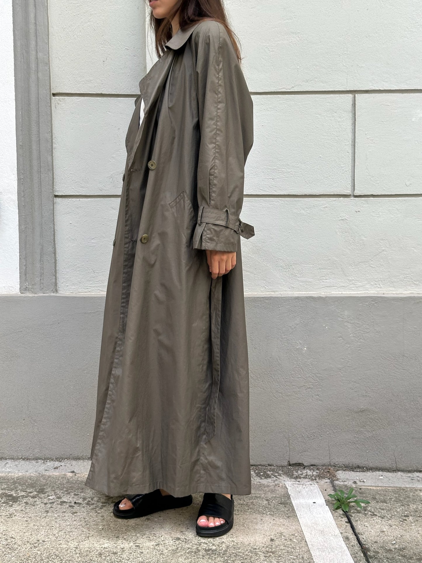 Vintage Cotton Blend Dark Khaki Maxi Trench Coat M