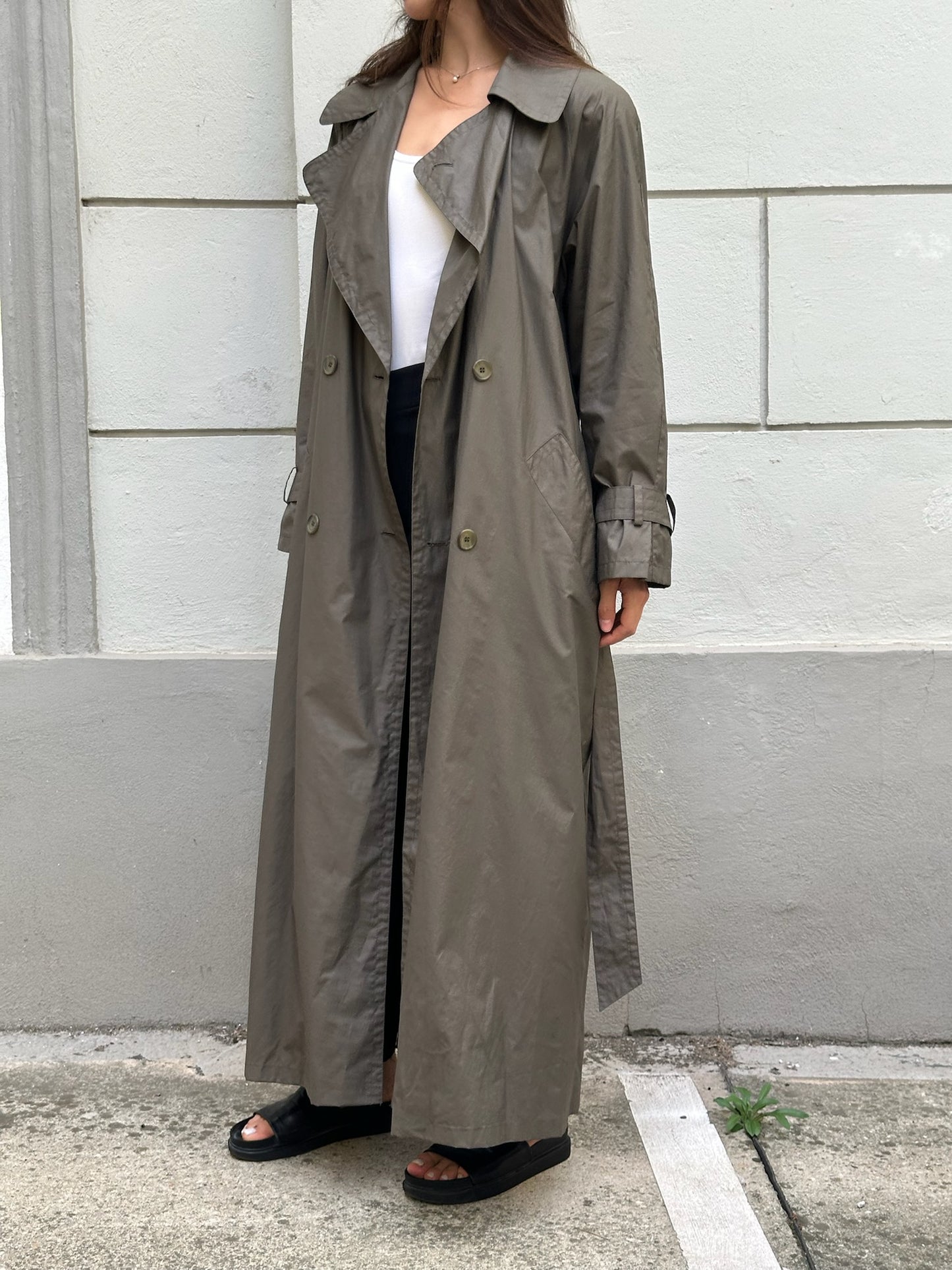 Vintage Cotton Blend Dark Khaki Maxi Trench Coat M