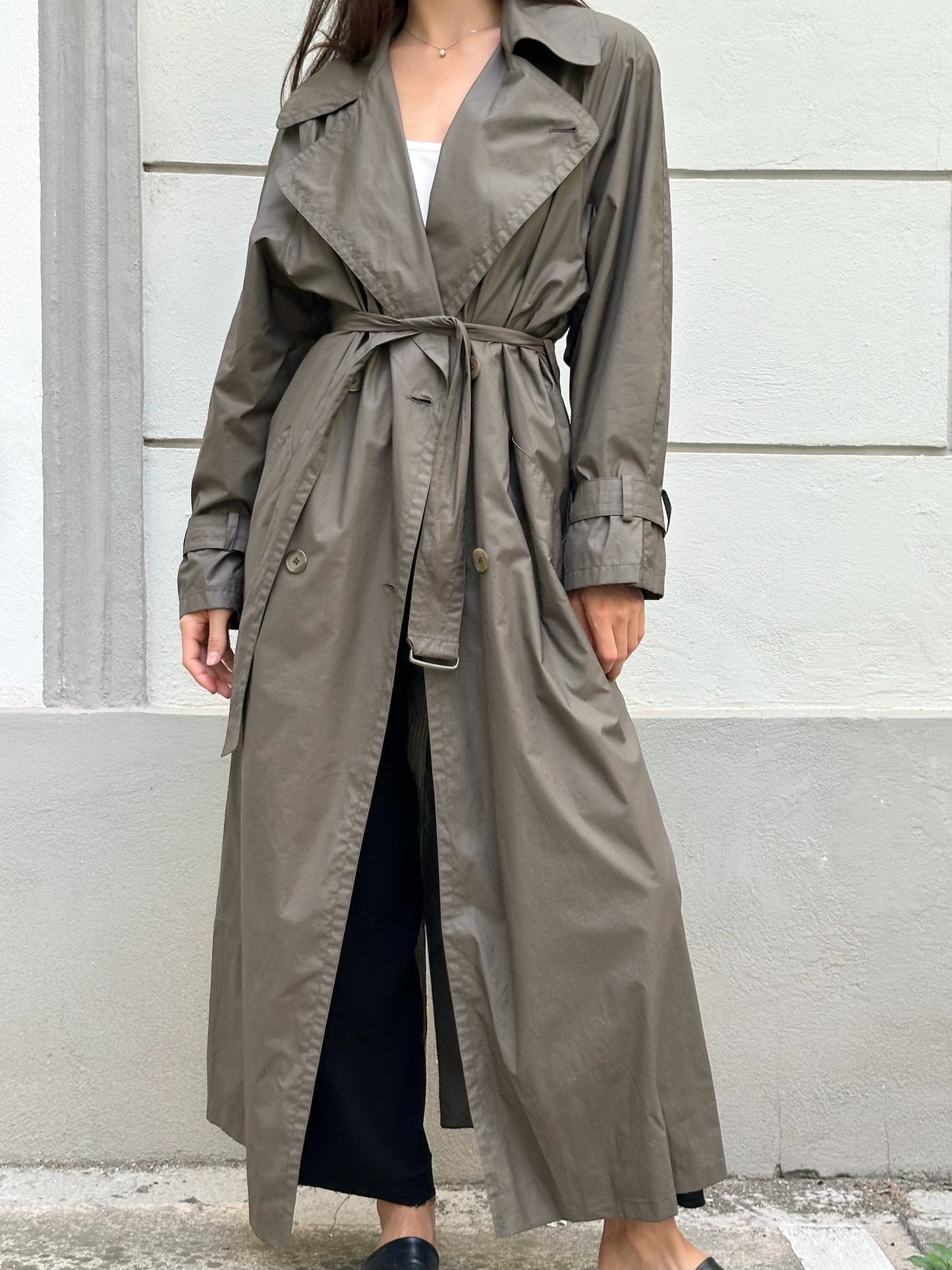 Vintage Cotton Blend Dark Khaki Maxi Trench Coat M