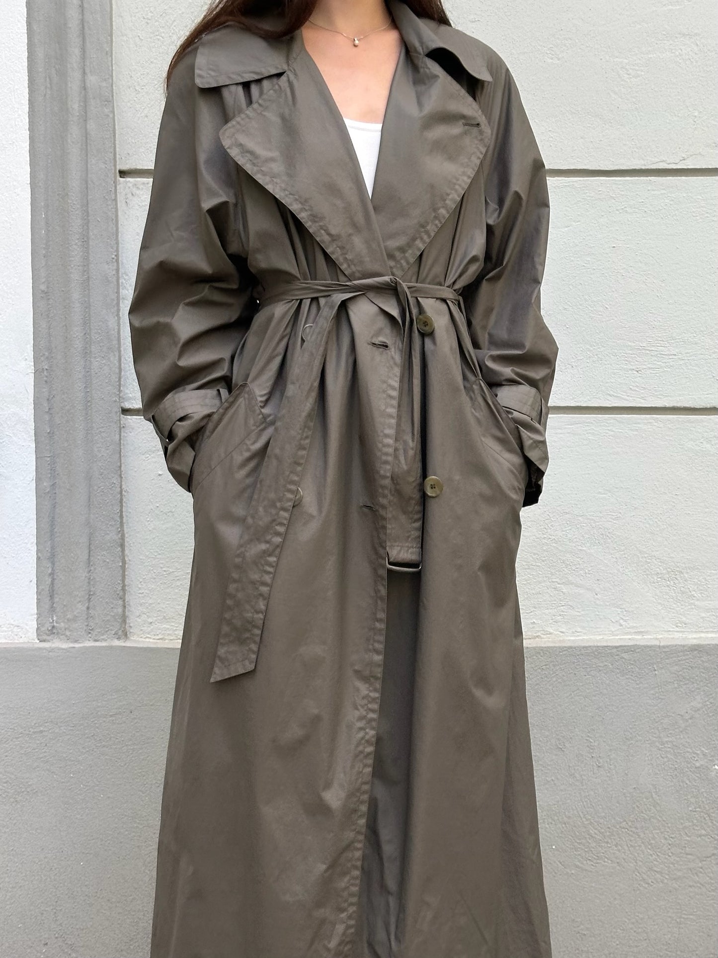 Vintage Cotton Blend Dark Khaki Maxi Trench Coat M