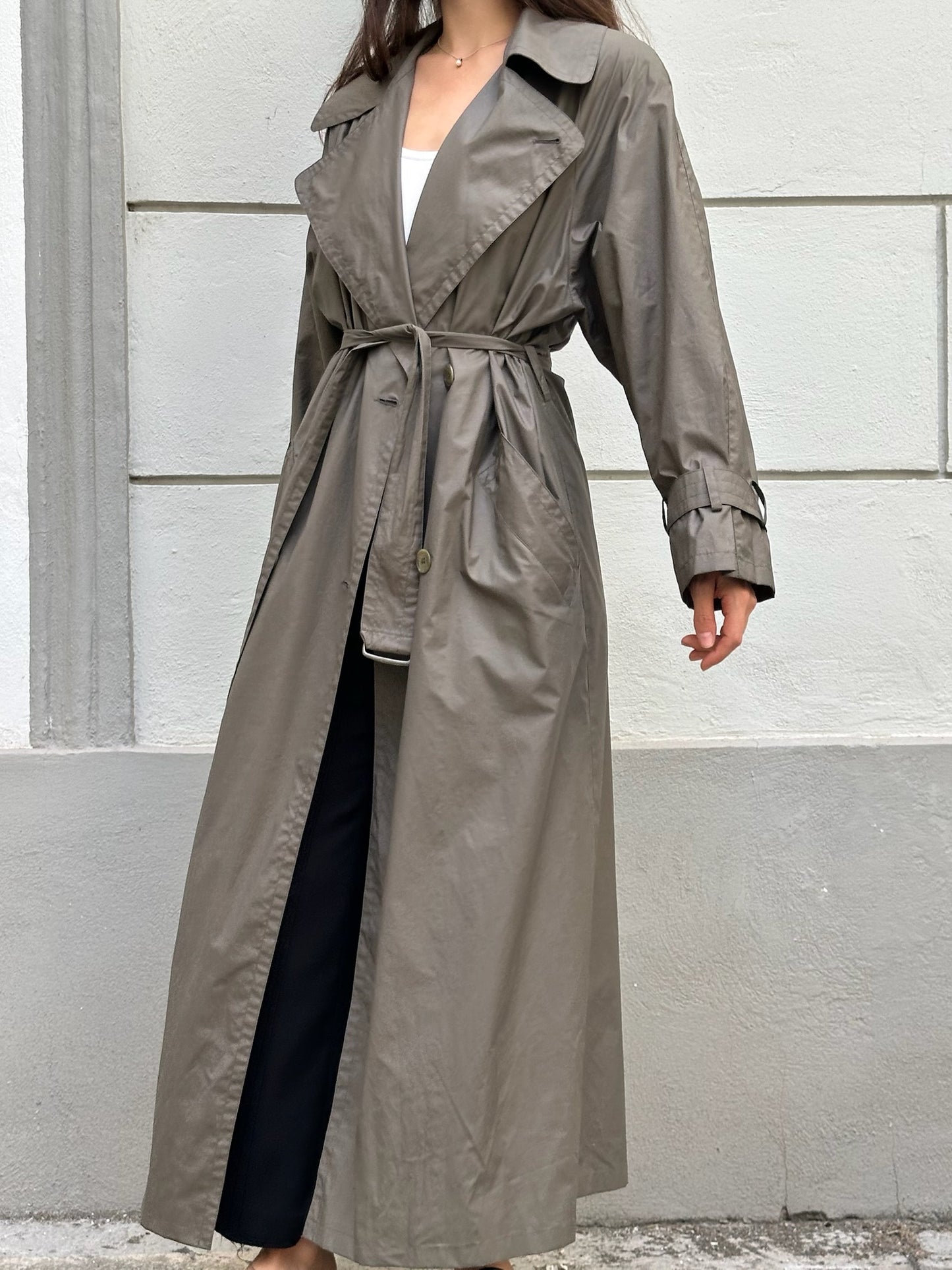 Vintage Cotton Blend Dark Khaki Maxi Trench Coat M
