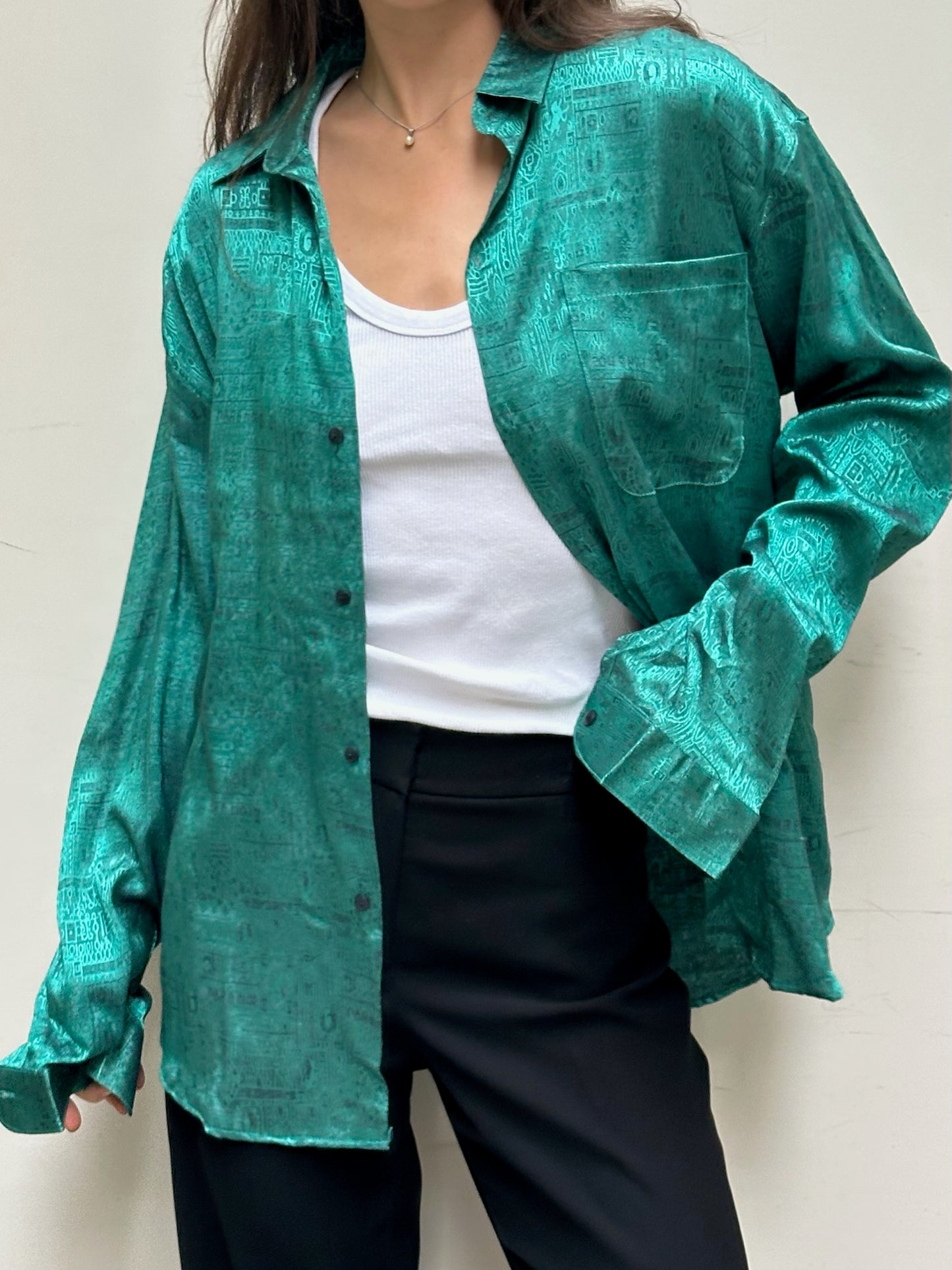 Vintage 100% Thai Silk Teal Button Down Blouse M