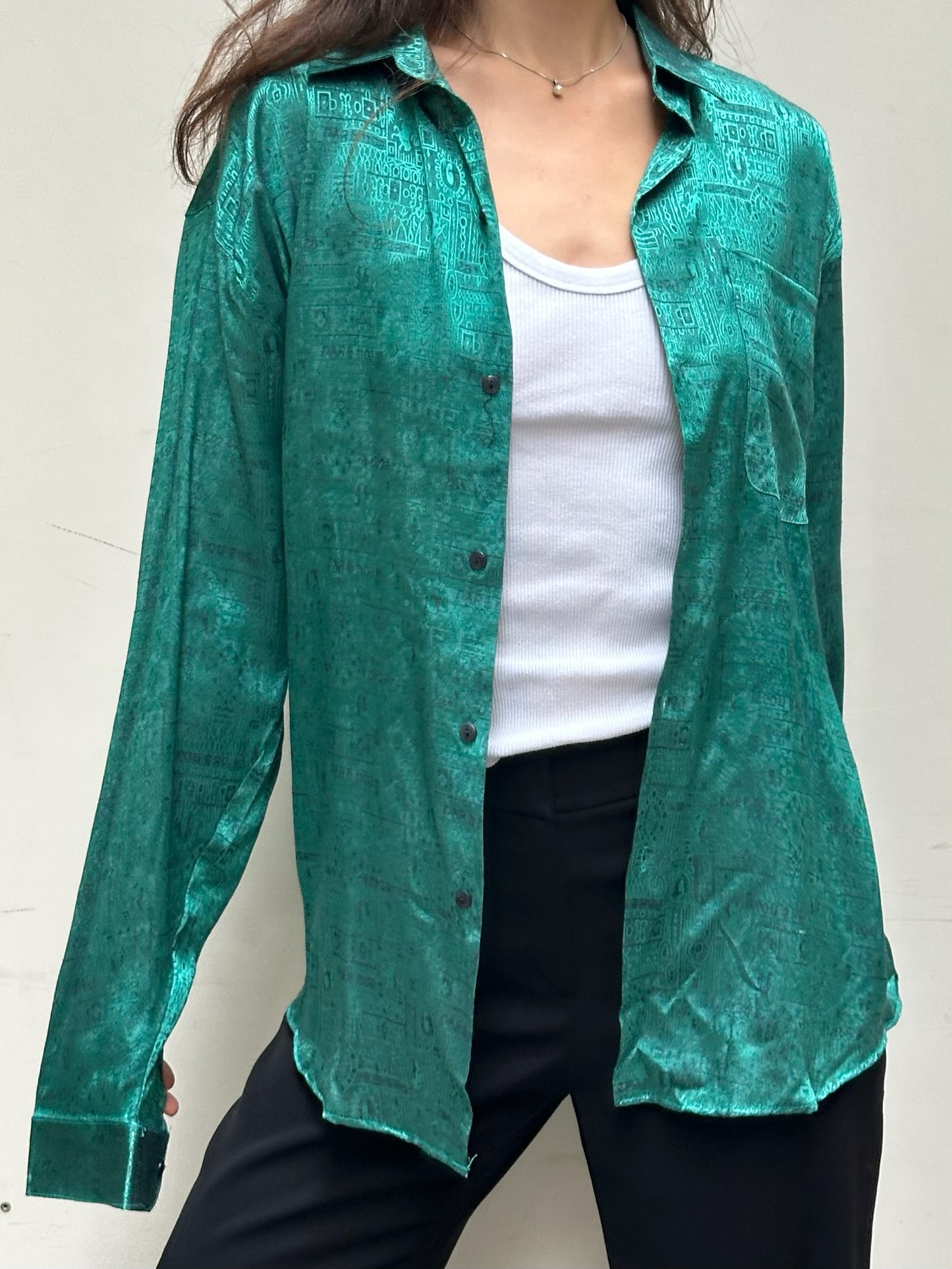 Vintage 100% Thai Silk Teal Button Down Blouse M