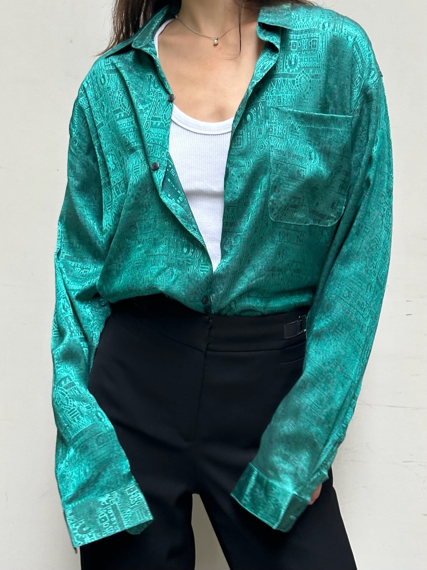 Vintage 100% Thai Silk Teal Button Down Blouse M