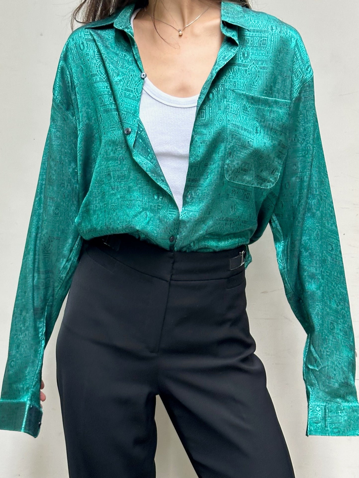 Vintage 100% Thai Silk Teal Button Down Blouse M