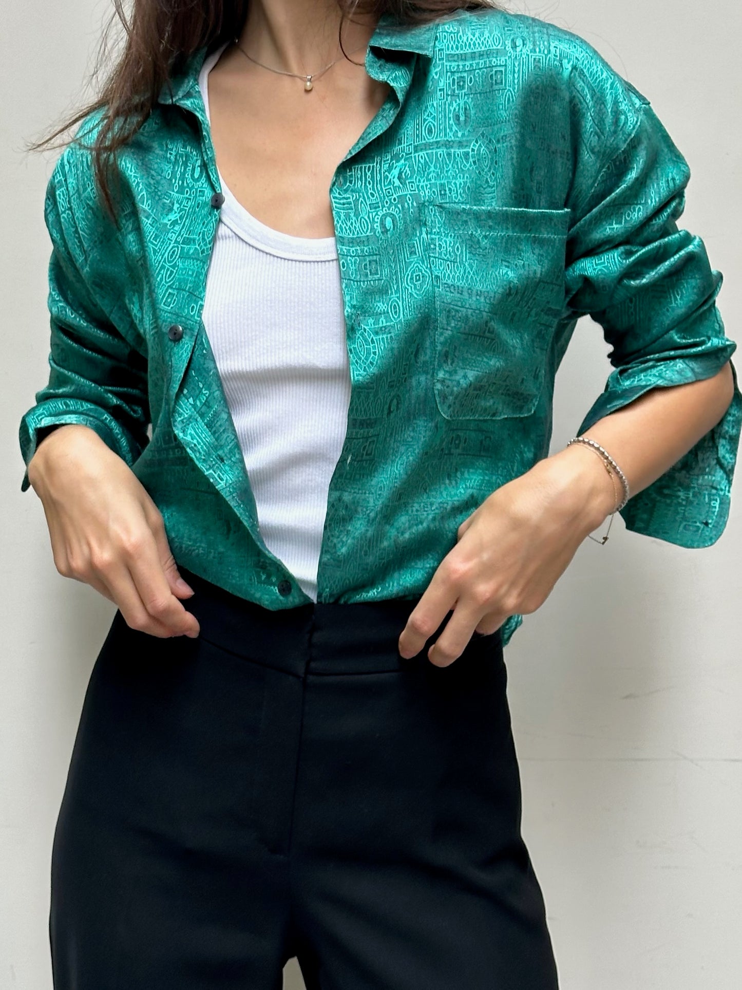 Vintage 100% Thai Silk Teal Button Down Blouse M