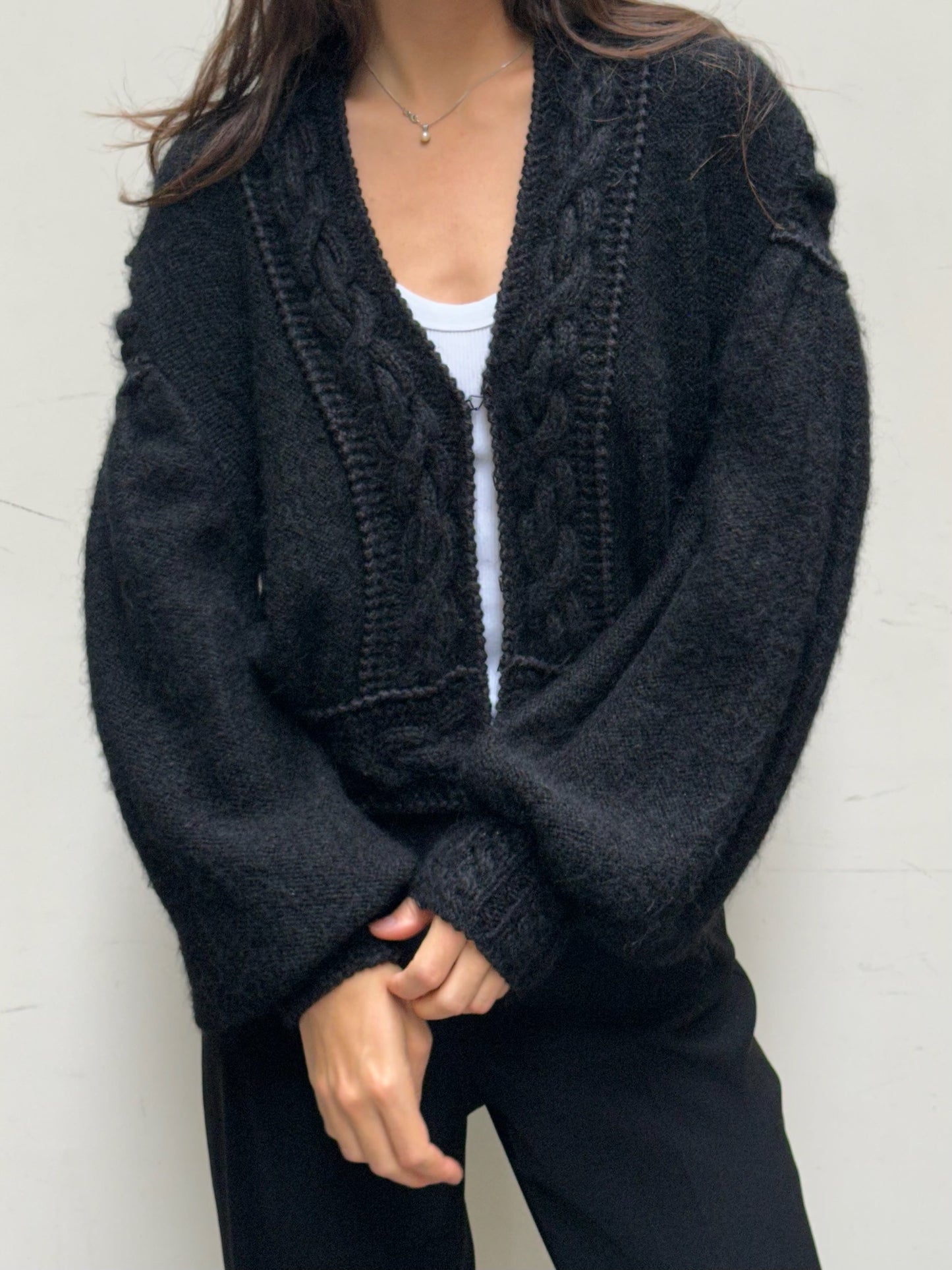 Vintage Black Handmade Mohair Wool Blend Cardigan Sweater One Size