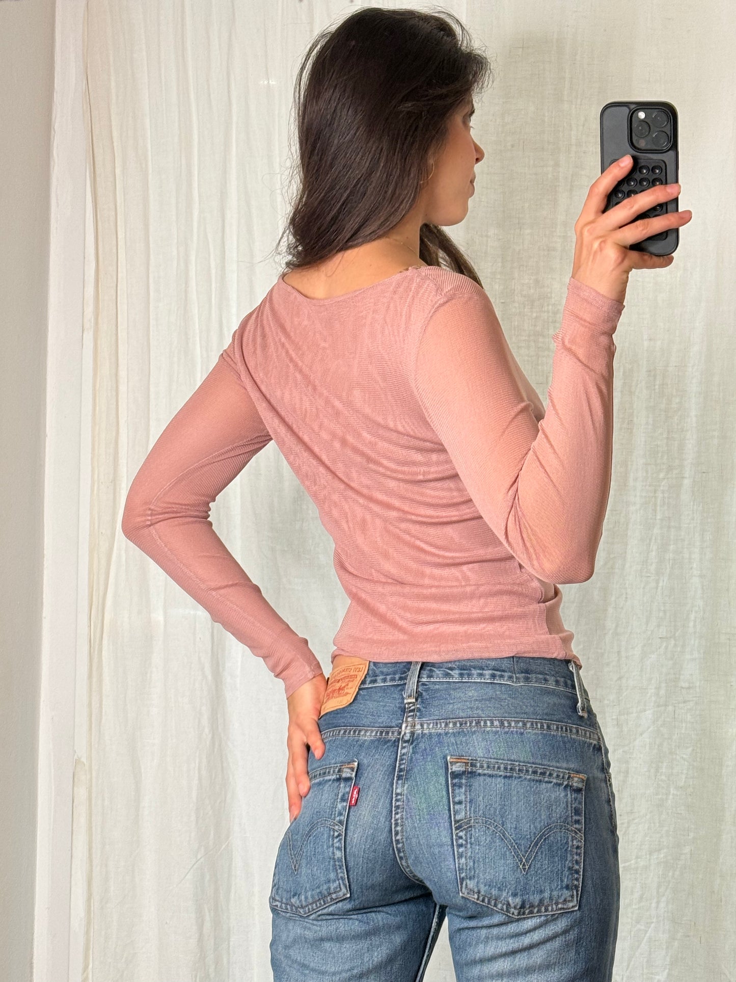 100% Silk Vintage Rose Coloured Boat Neck Long Sleeve Top S/M