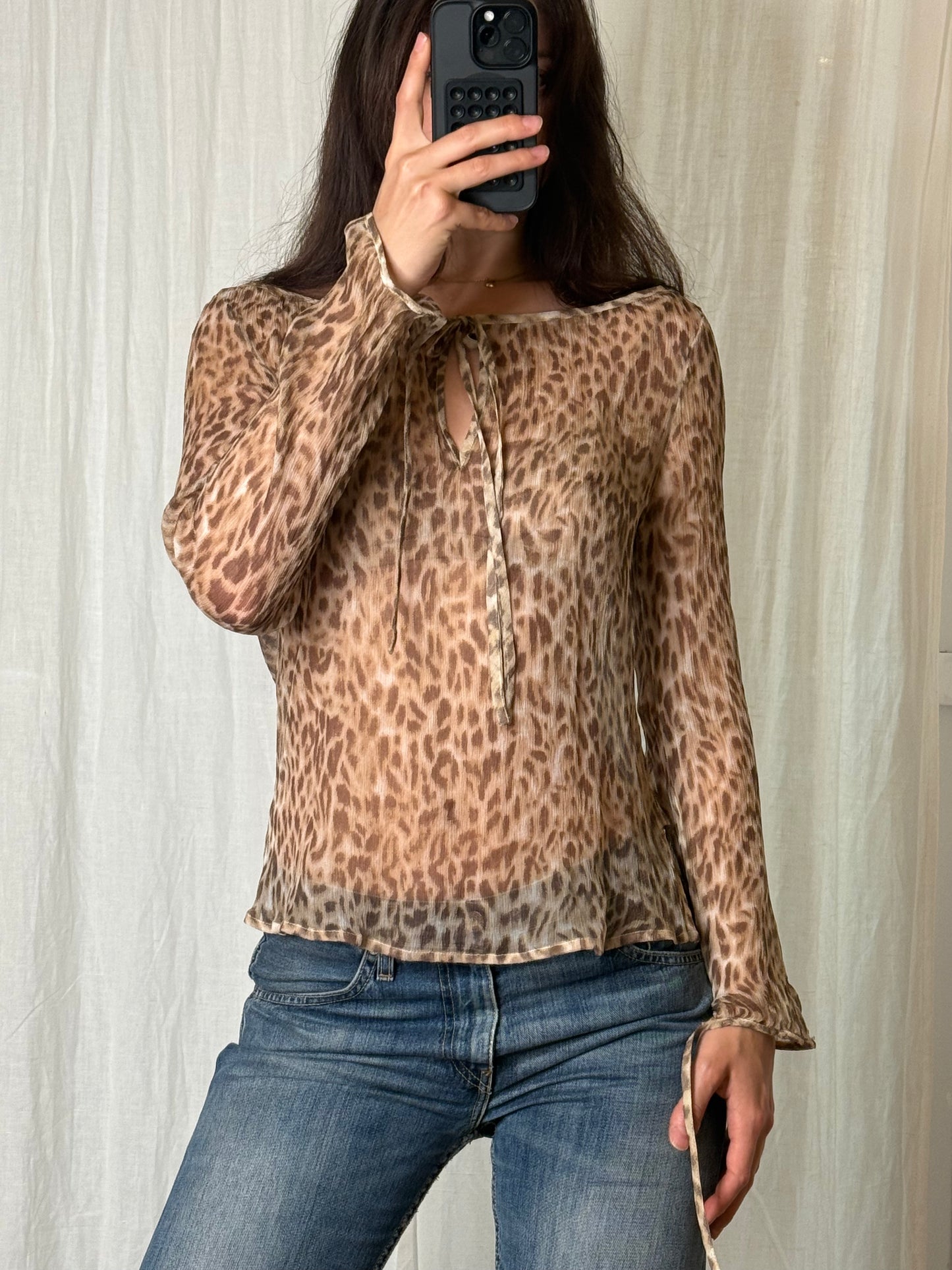 100% Silk Leopard Tie Neckline Blouse S/M