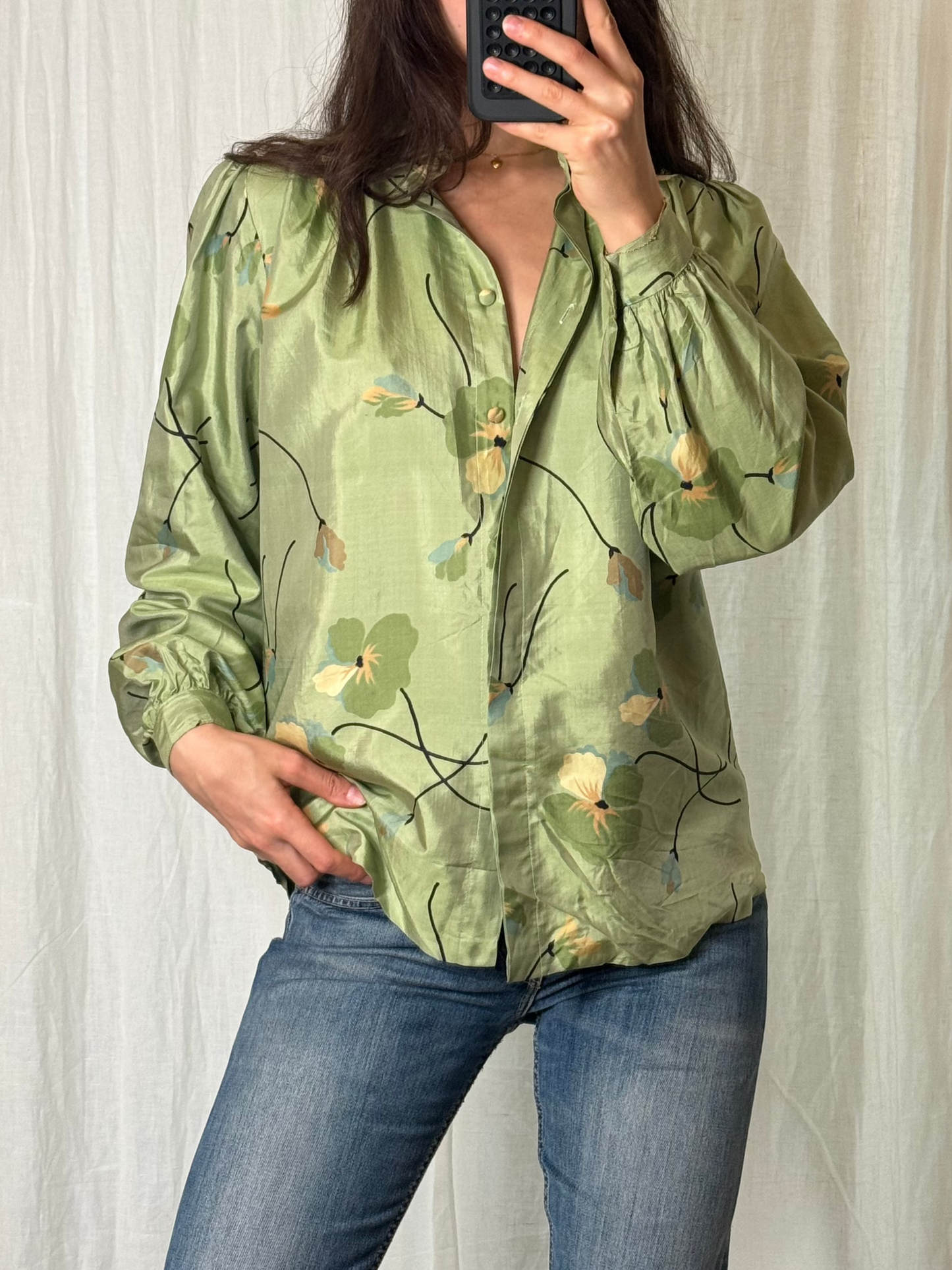 Vintage 100% Silk Floral Button Down Puff Sleeve Blouse S/M