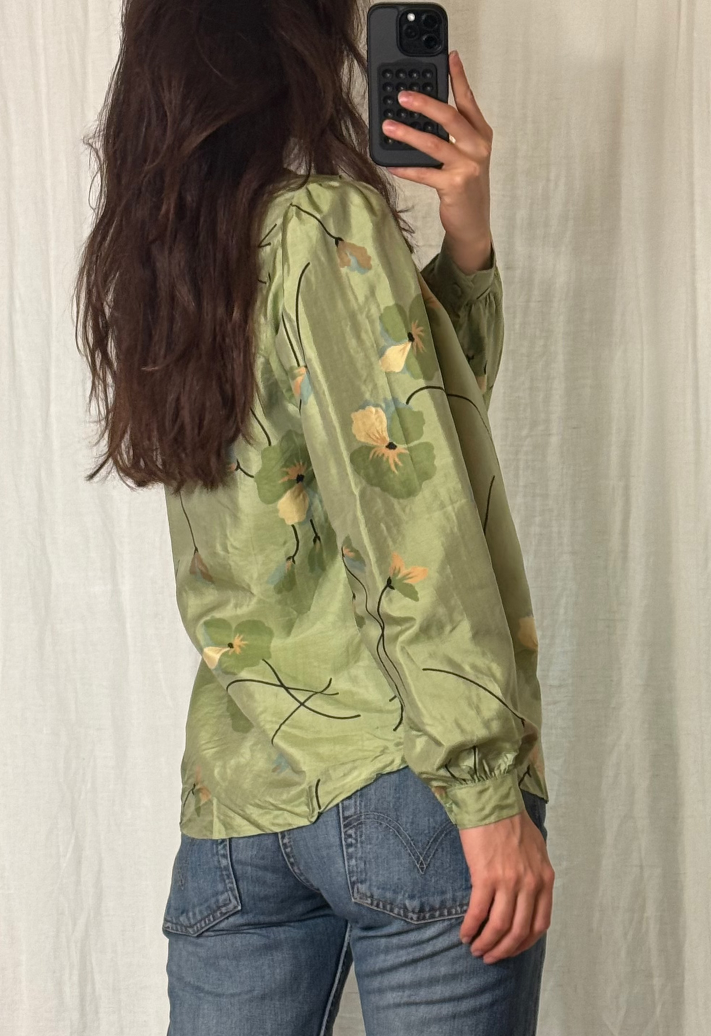 Vintage 100% Silk Floral Button Down Puff Sleeve Blouse S/M